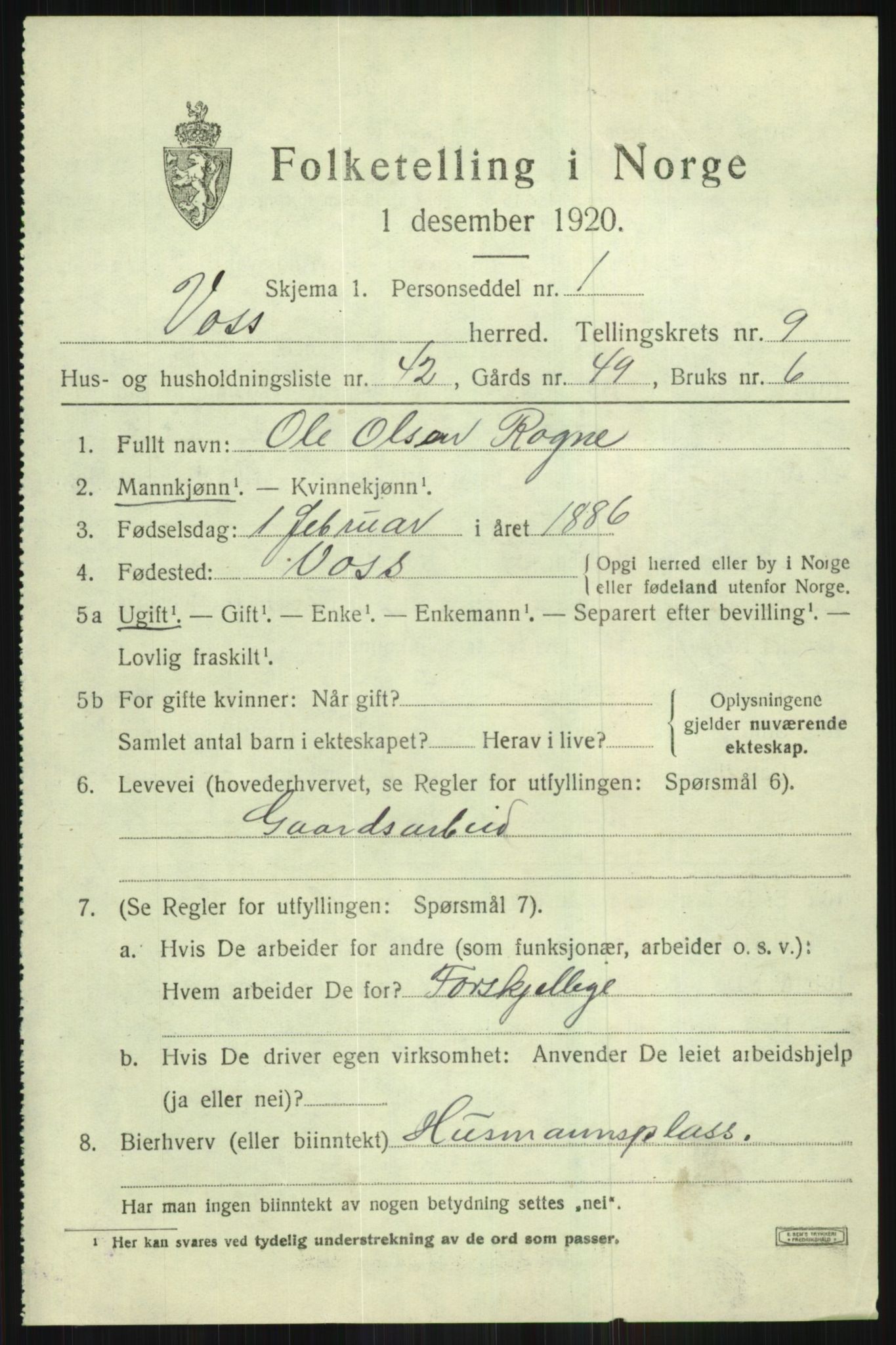 SAB, 1920 census for Voss, 1920, p. 9313