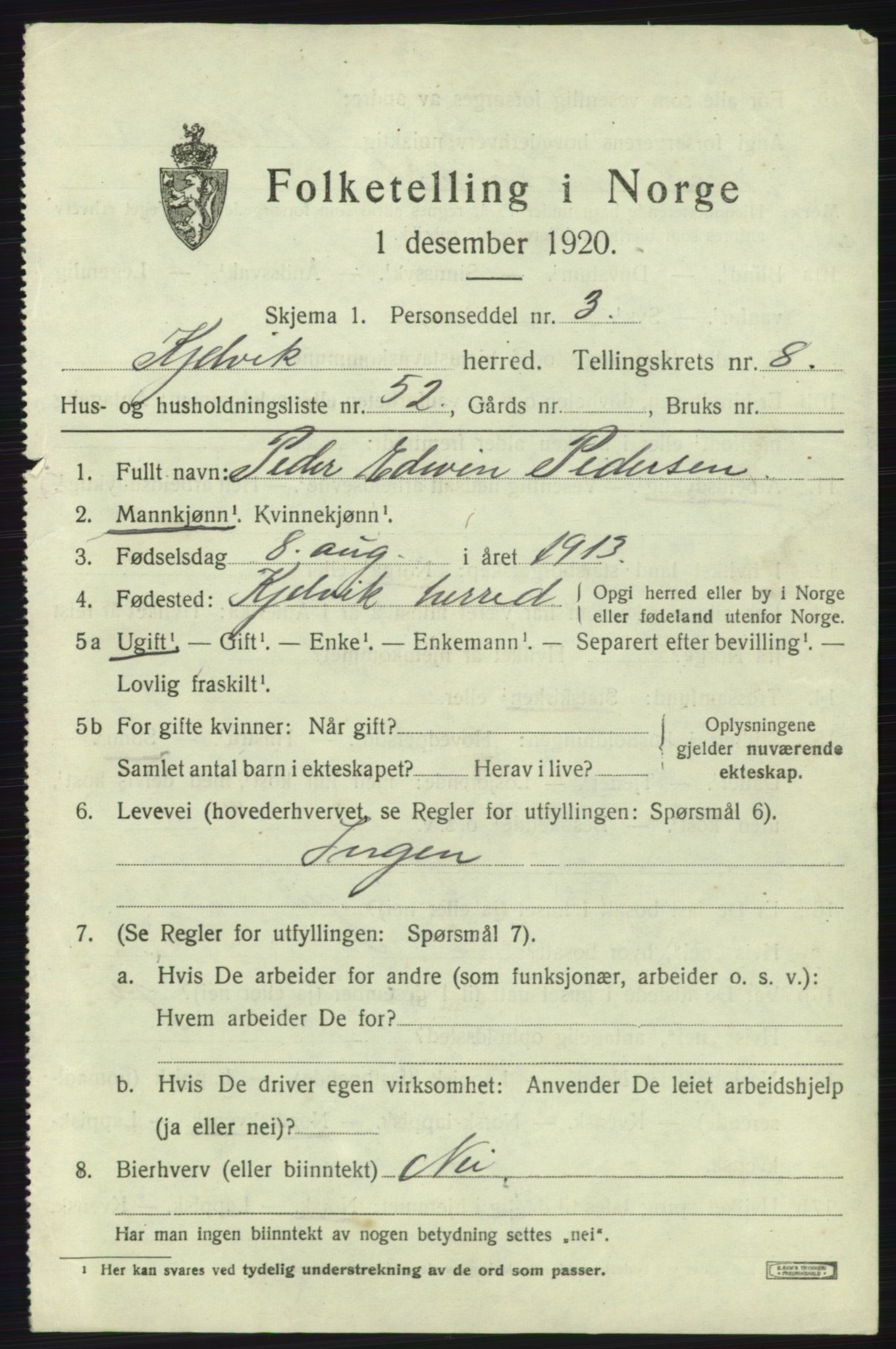 SATØ, 1920 census for Kjelvik, 1920, p. 7019