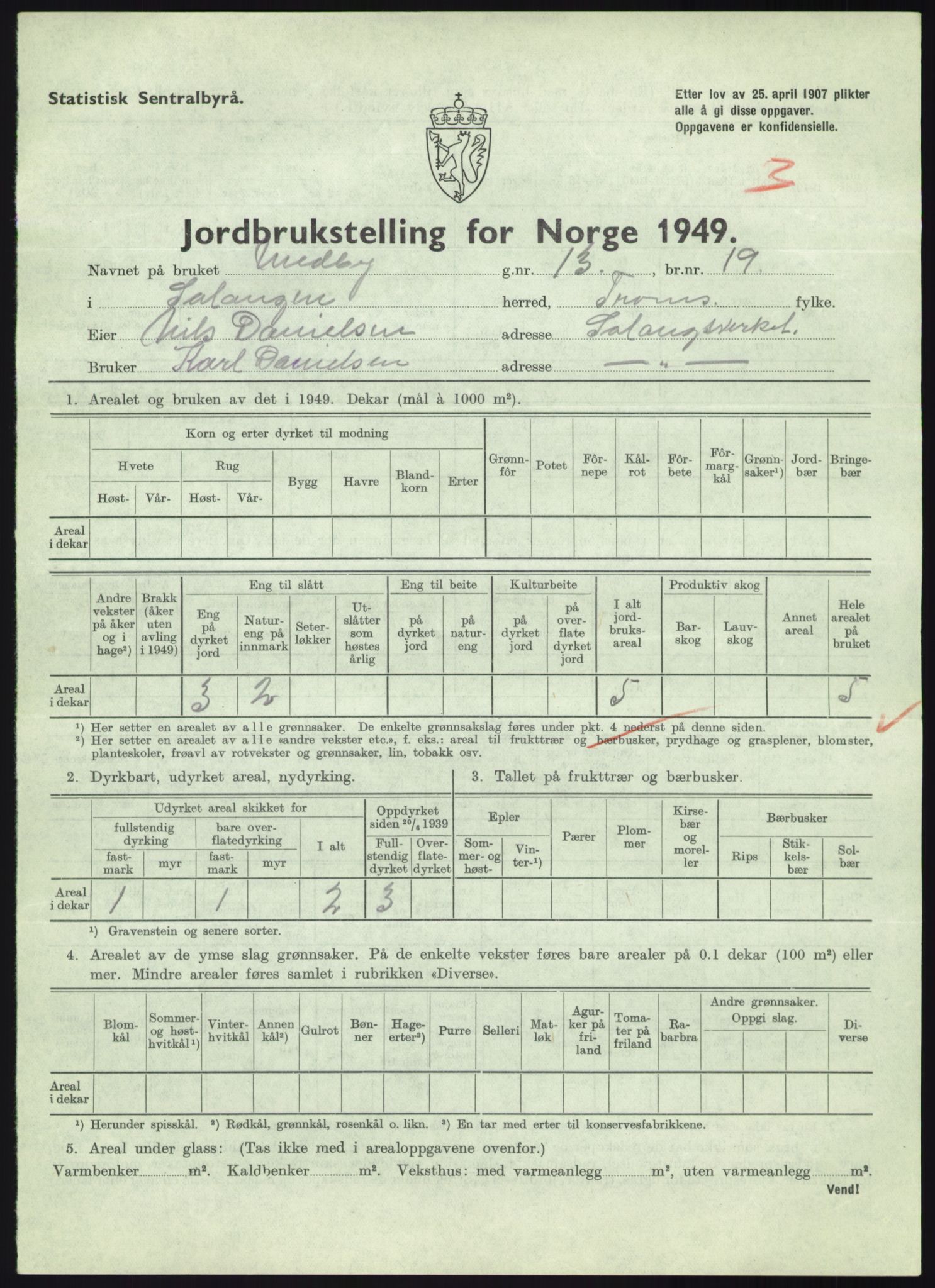 Statistisk sentralbyrå, Næringsøkonomiske emner, Jordbruk, skogbruk, jakt, fiske og fangst, AV/RA-S-2234/G/Gc/L0438: Troms: Salangen og Bardu, 1949, p. 155