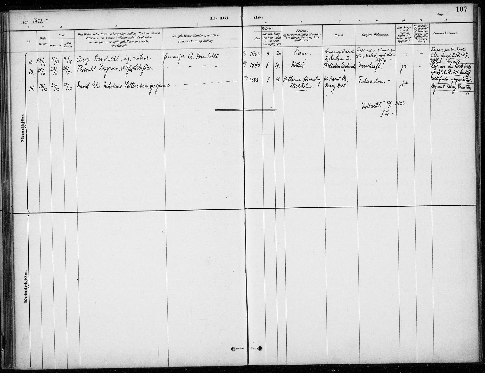 Den norske sjømannsmisjon i utlandet/Bristolhavnene(Cardiff-Swansea), SAB/SAB/PA-0102/H/Ha/Haa/L0002: Parish register (official) no. A 2, 1887-1932, p. 107