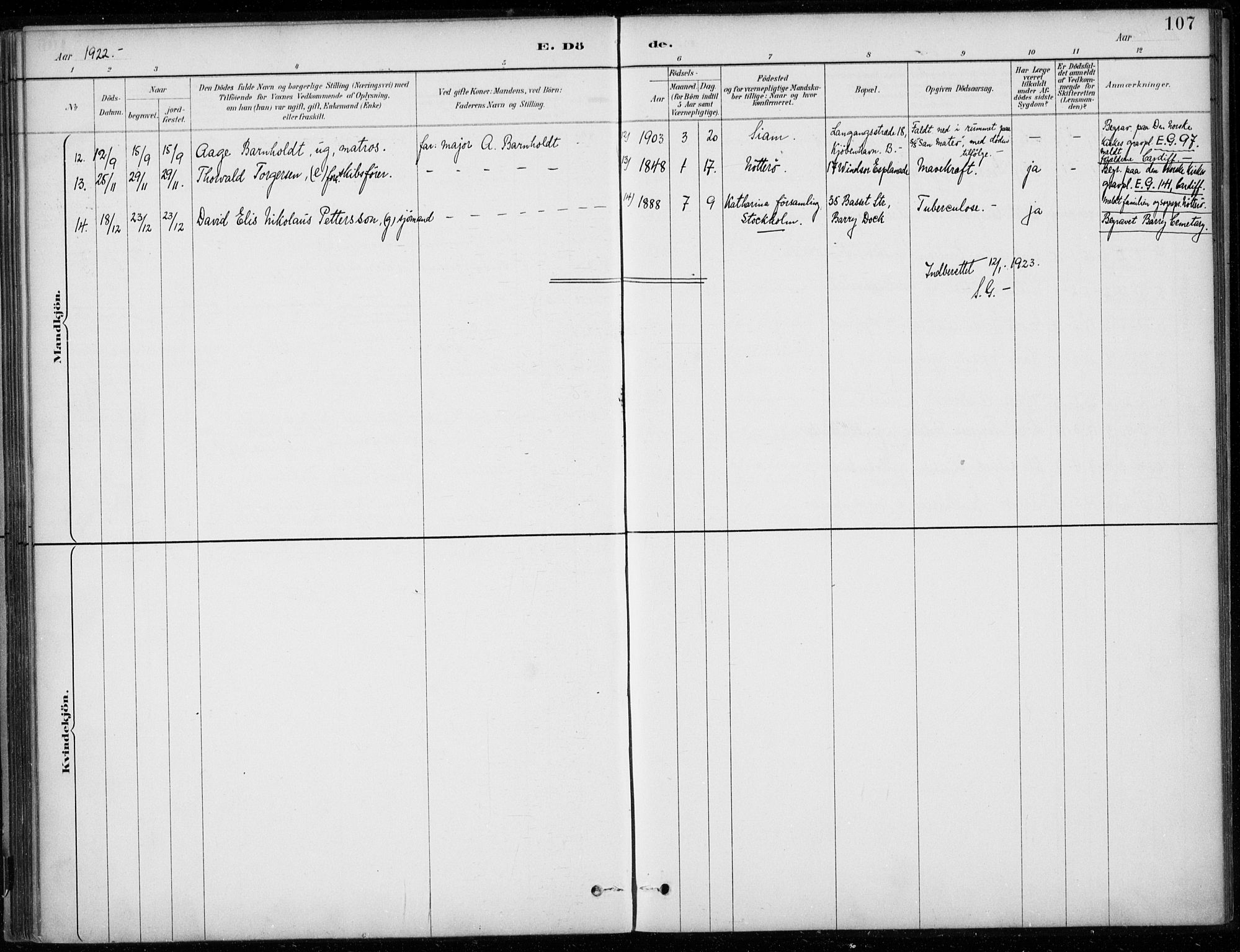 Den norske sjømannsmisjon i utlandet/Bristolhavnene(Cardiff-Swansea), AV/SAB-SAB/PA-0102/H/Ha/Haa/L0002: Parish register (official) no. A 2, 1887-1932, p. 107