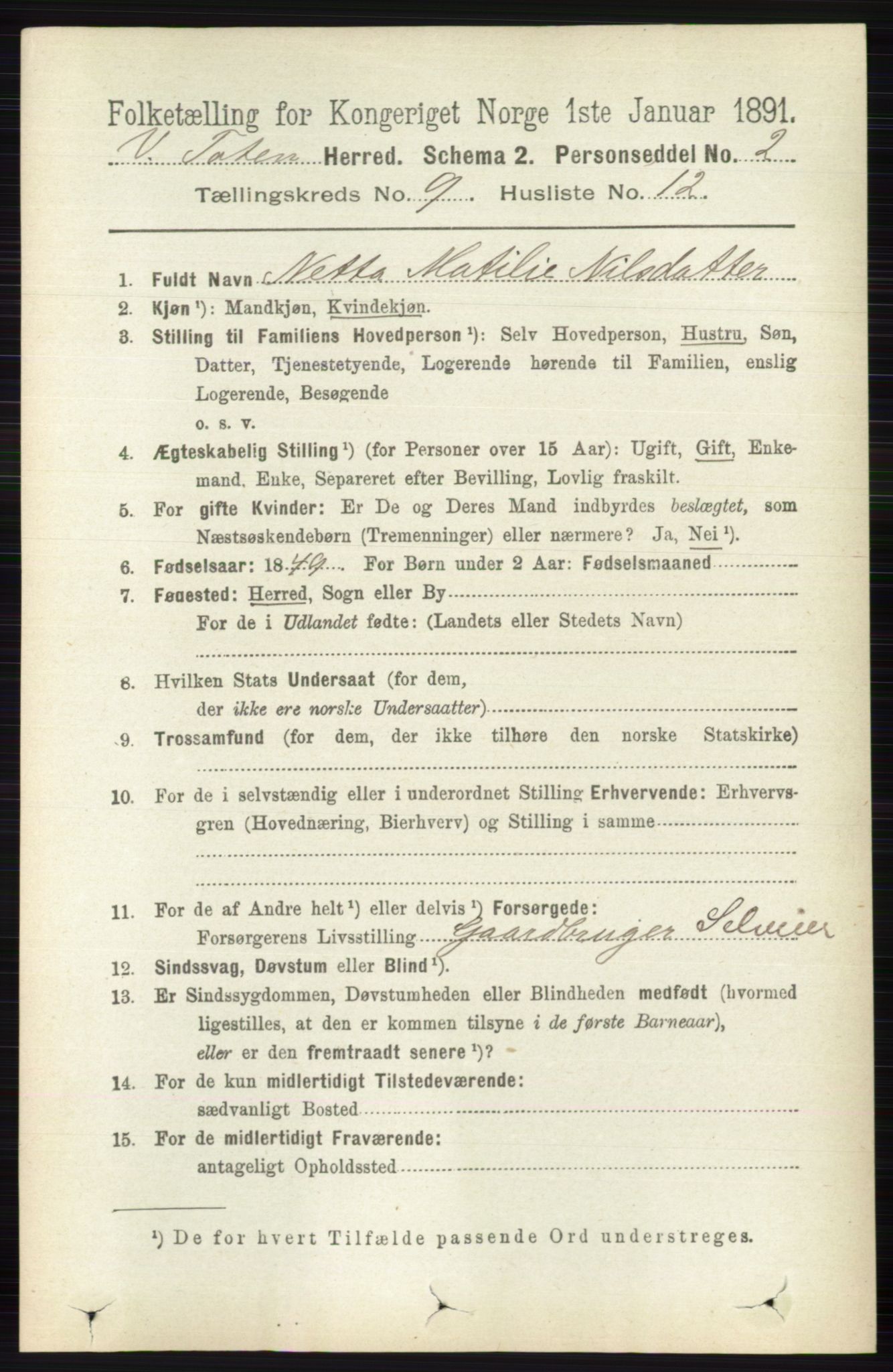 RA, 1891 census for 0529 Vestre Toten, 1891, p. 5620