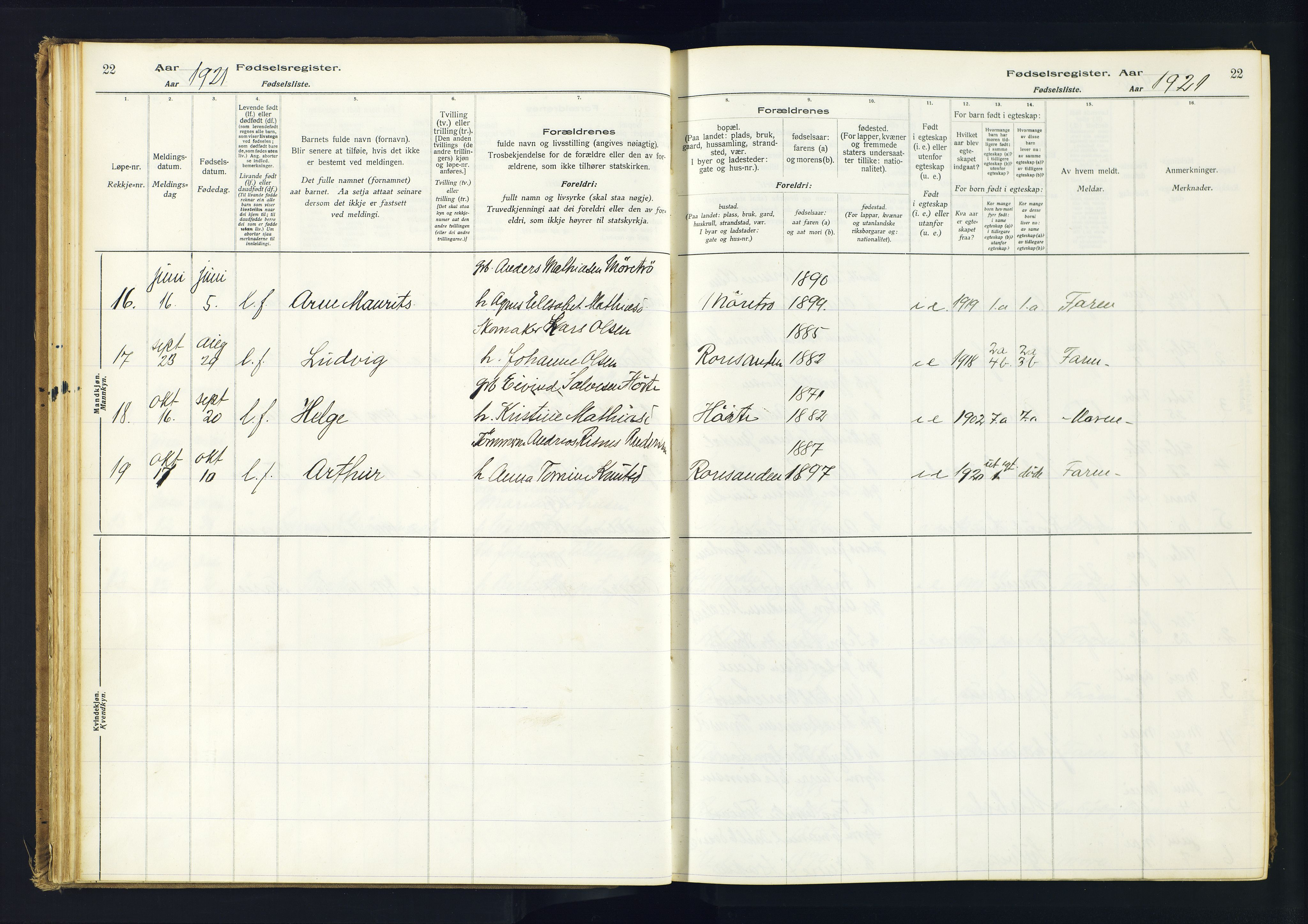 Hommedal sokneprestkontor, AV/SAK-1111-0023/J/Jd/L0001: Birth register no. 1, 1916-1962, p. 22