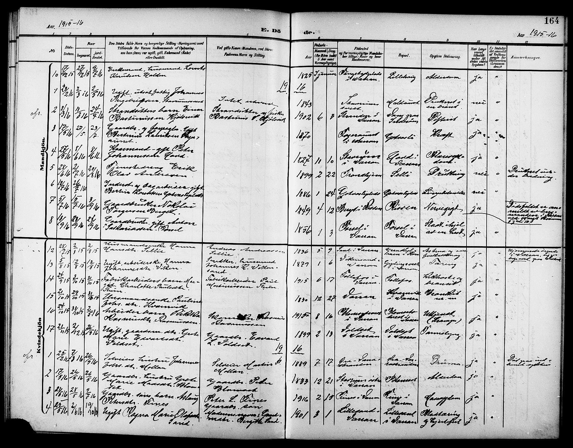 Ministerialprotokoller, klokkerbøker og fødselsregistre - Nord-Trøndelag, SAT/A-1458/744/L0424: Parish register (copy) no. 744C03, 1906-1923, p. 164
