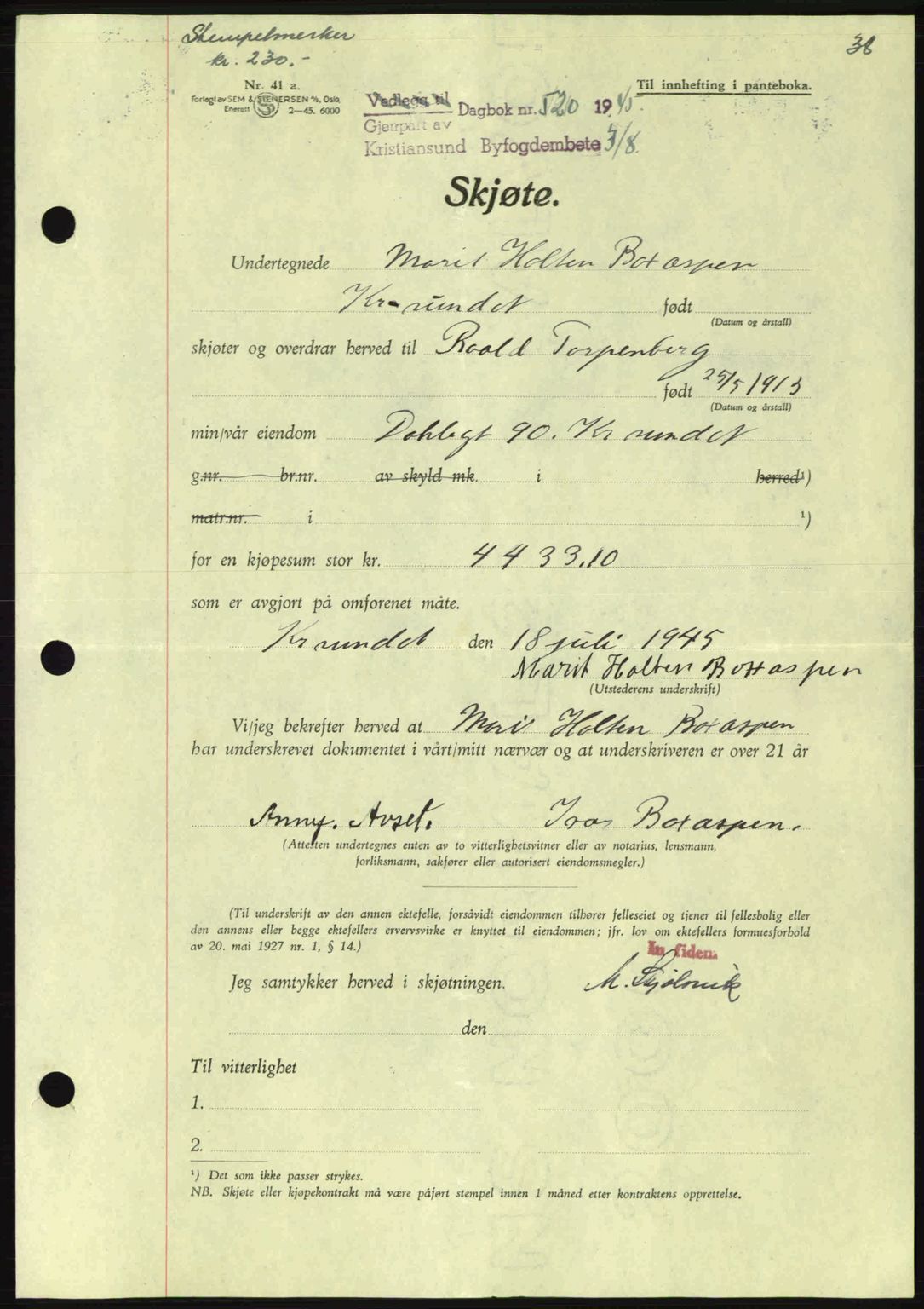 Kristiansund byfogd, SAT/A-4587/A/27: Mortgage book no. 37-38, 1943-1945, Diary no: : 520/1945