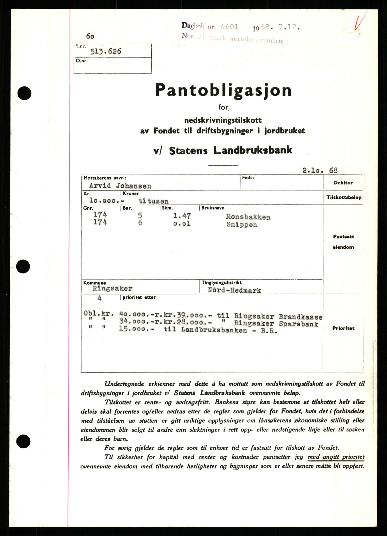 Nord-Hedmark sorenskriveri, SAH/TING-012/H/Hb/Hbf/L0077: Mortgage book no. B77, 1968-1969, Diary no: : 6601/1968