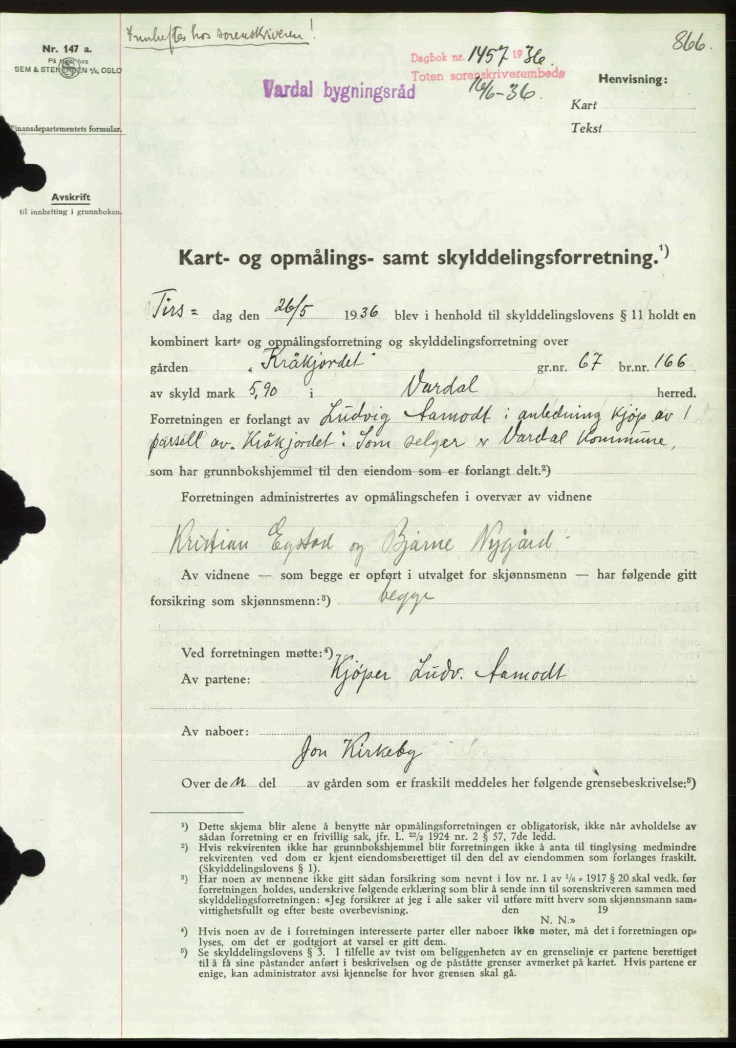 Toten tingrett, AV/SAH-TING-006/H/Hb/Hbc/L0001: Mortgage book no. Hbc-01, 1936-1936, Diary no: : 1457/1936