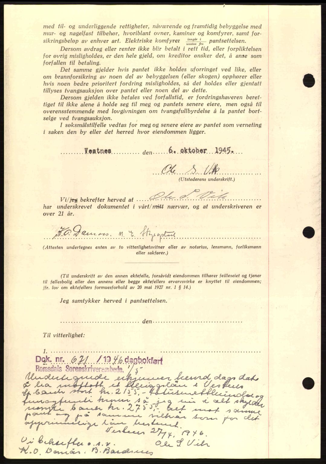 Romsdal sorenskriveri, AV/SAT-A-4149/1/2/2C: Mortgage book no. B2, 1939-1945, Diary no: : 1174/1945