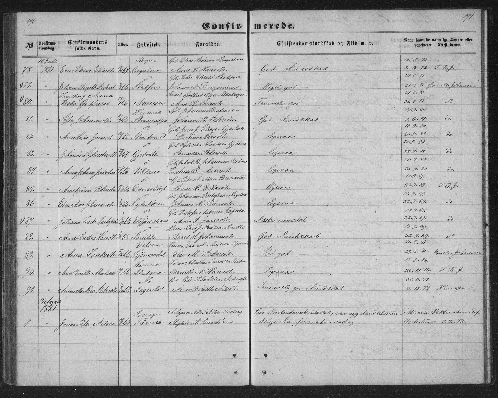 Ministerialprotokoller, klokkerbøker og fødselsregistre - Nordland, AV/SAT-A-1459/825/L0366: Parish register (copy) no. 825C03, 1858-1884, p. 190-191