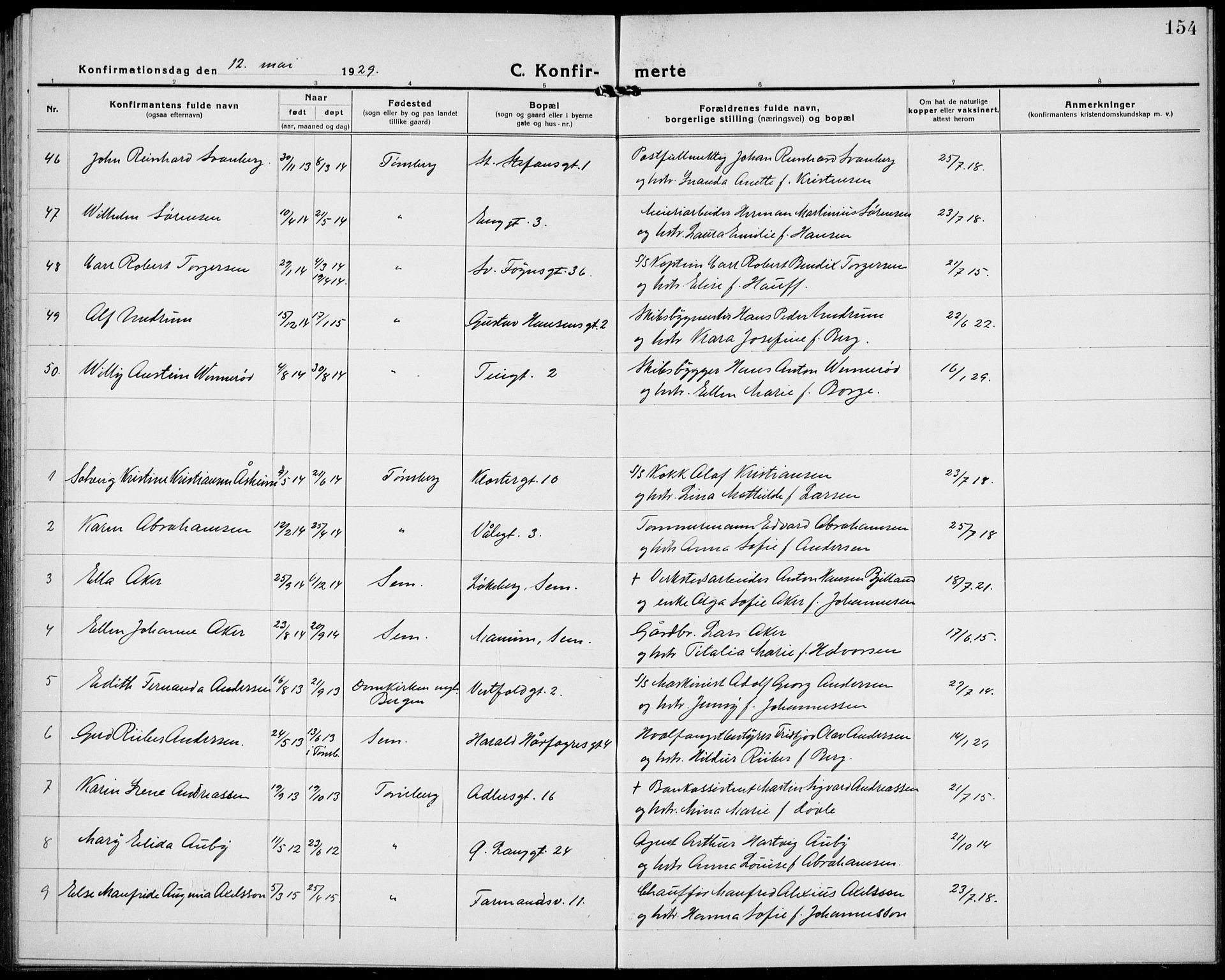 Tønsberg kirkebøker, AV/SAKO-A-330/G/Ga/L0013: Parish register (copy) no. 13, 1920-1929, p. 154
