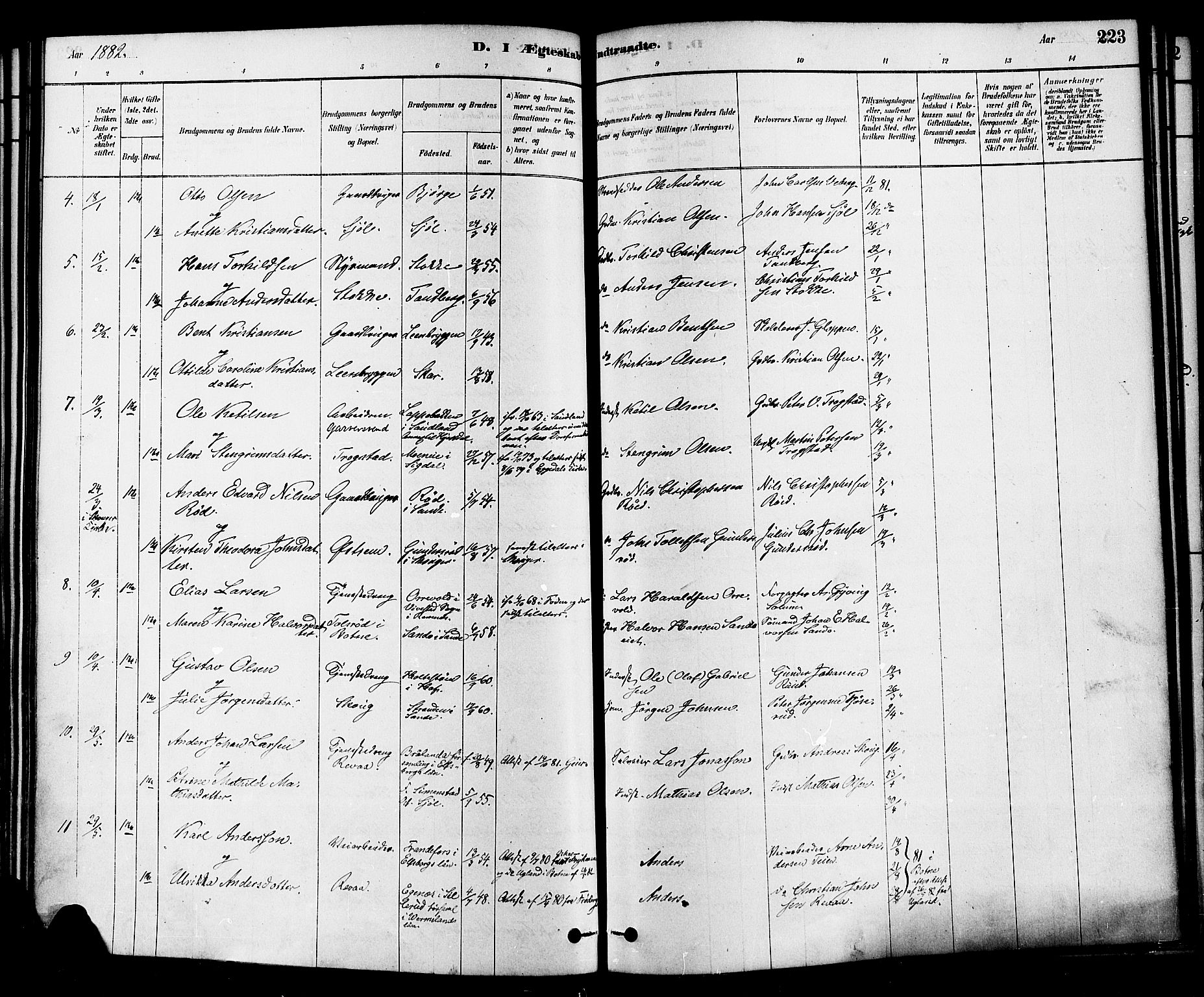 Sande Kirkebøker, AV/SAKO-A-53/F/Fa/L0006: Parish register (official) no. 6, 1878-1888, p. 223