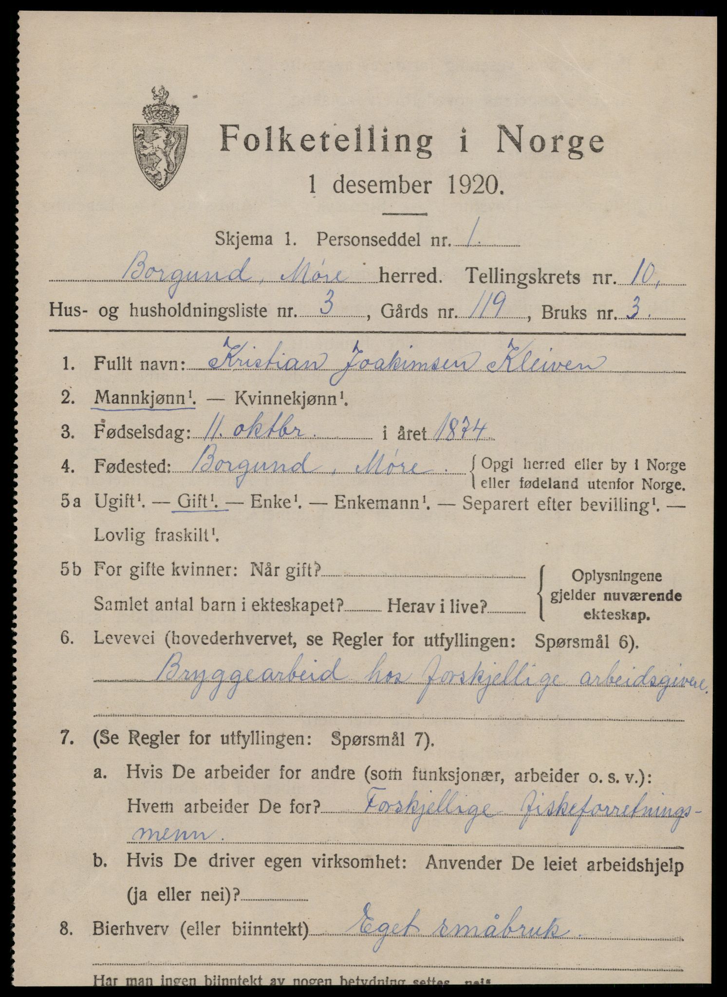 SAT, 1920 census for Borgund, 1920, p. 9128