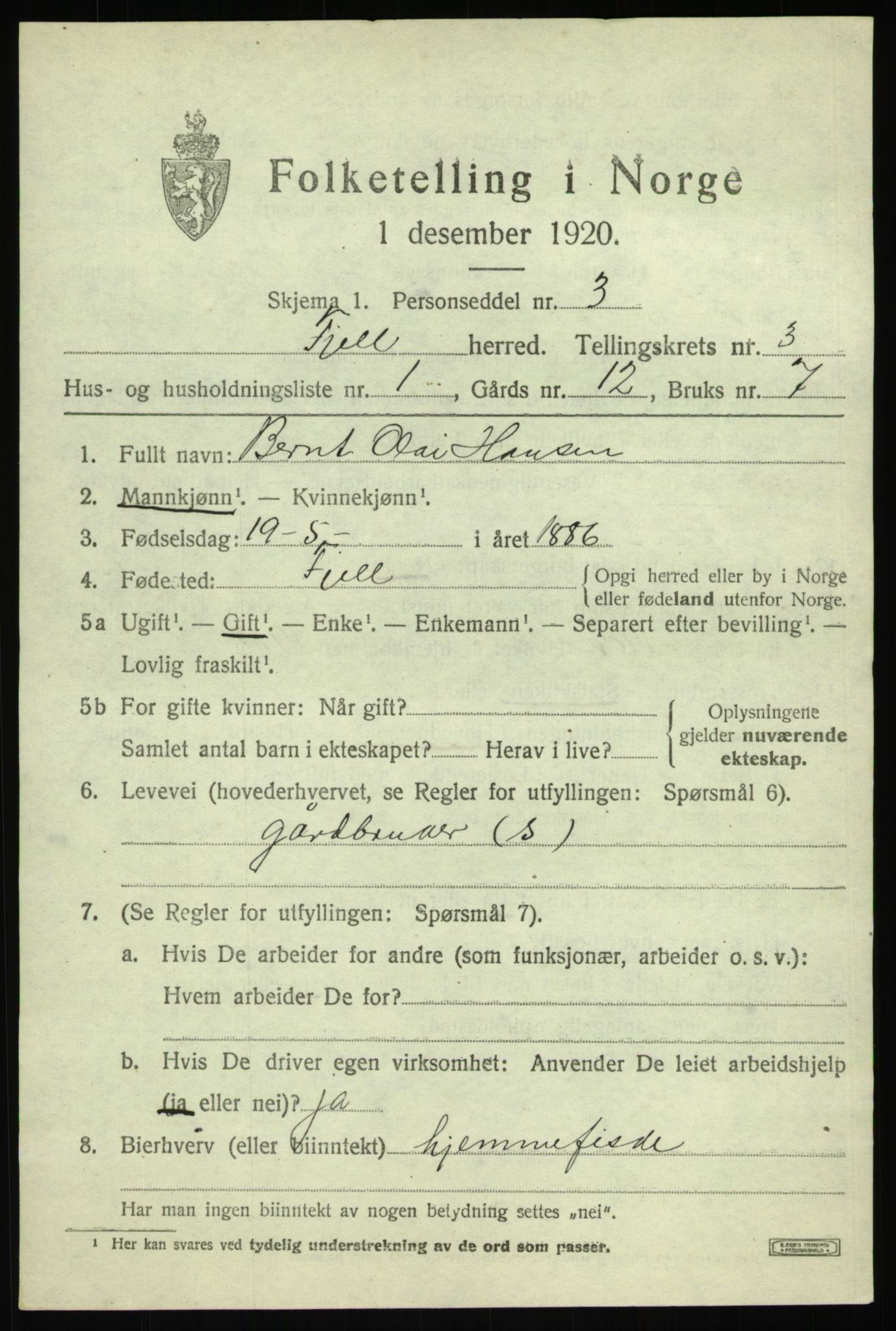 SAB, 1920 census for Fjell, 1920, p. 2962