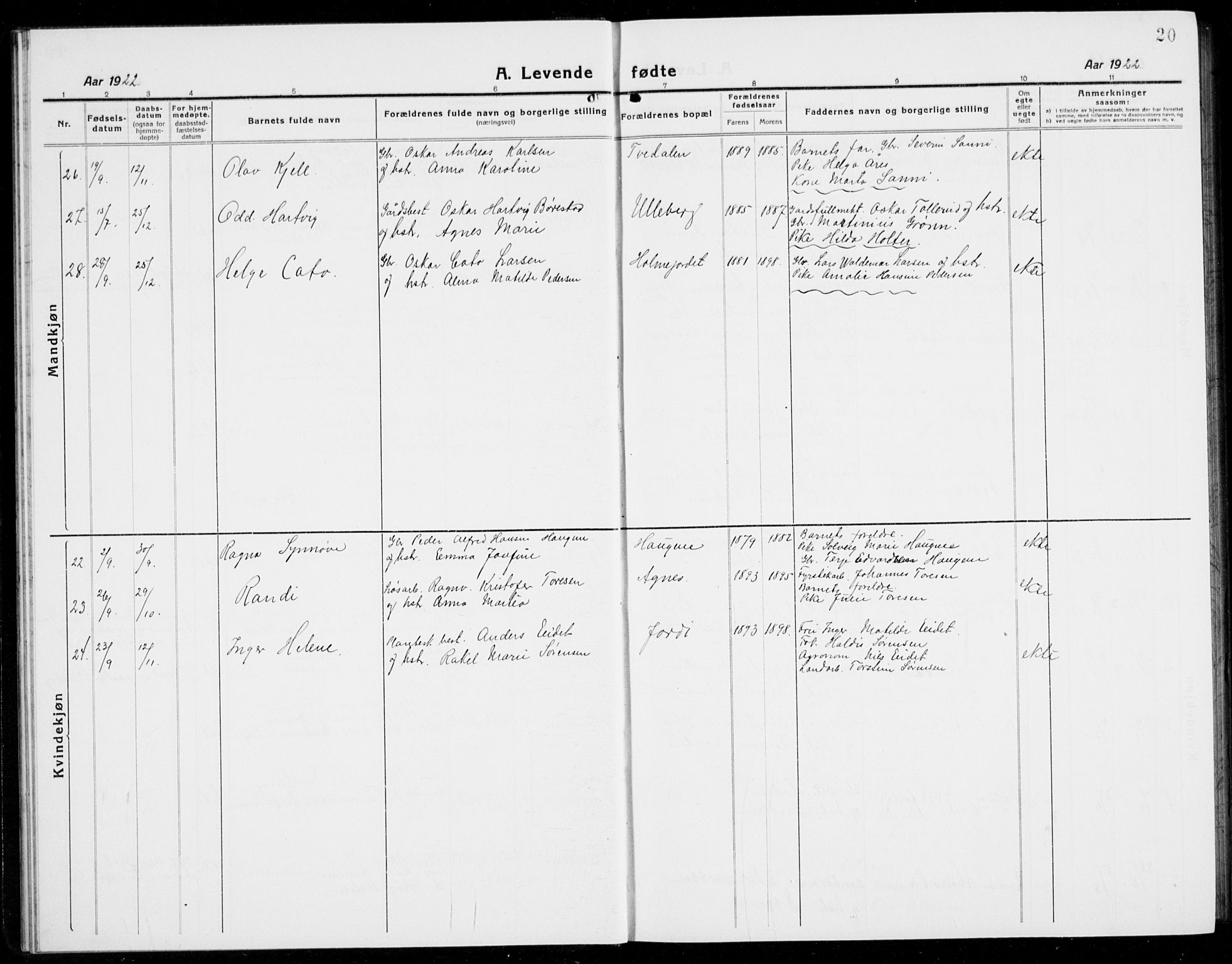 Brunlanes kirkebøker, SAKO/A-342/G/Ga/L0005: Parish register (copy) no. I 5, 1918-1941, p. 20