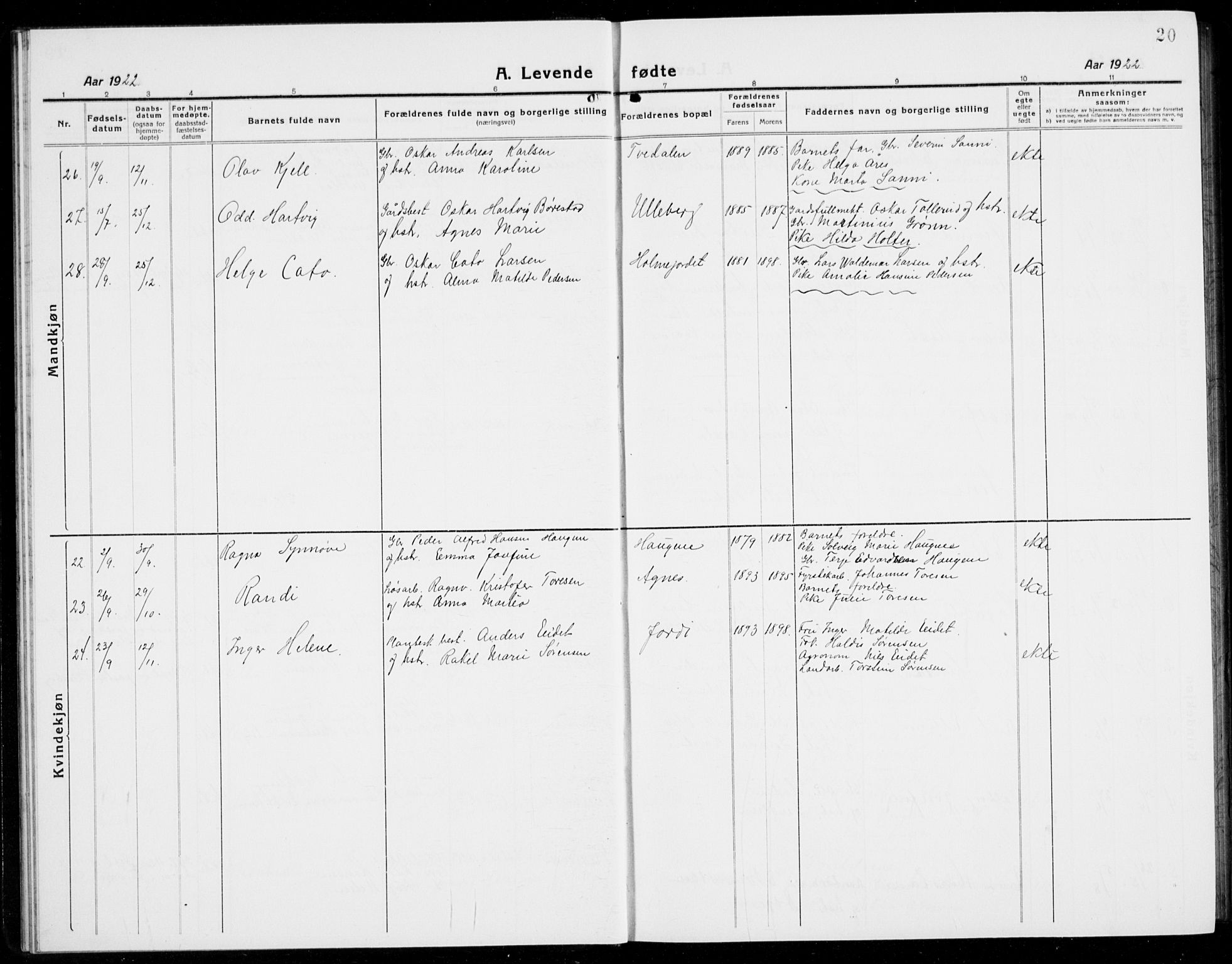 Brunlanes kirkebøker, AV/SAKO-A-342/G/Ga/L0005: Parish register (copy) no. I 5, 1918-1941, p. 20