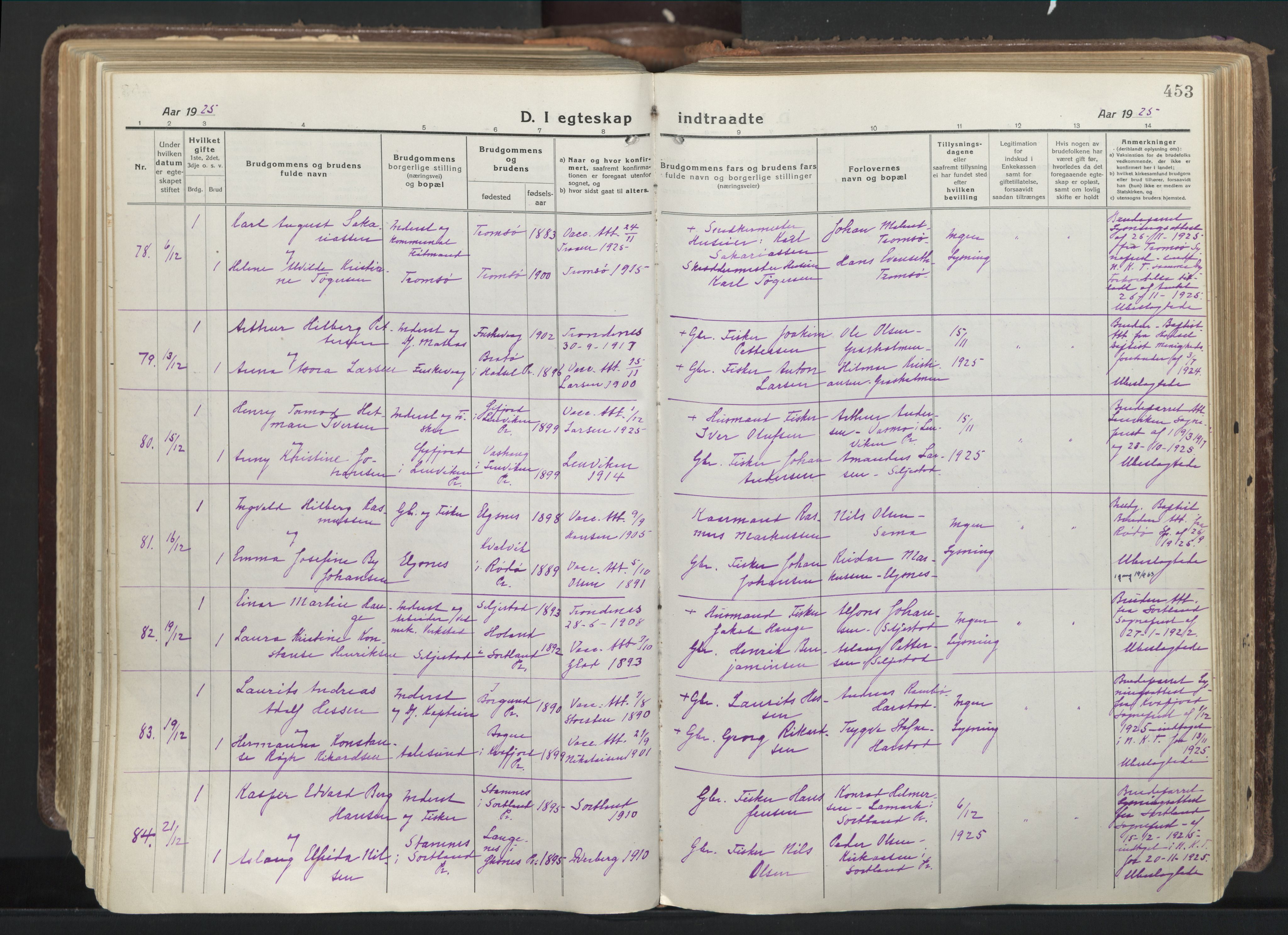 Trondenes sokneprestkontor, AV/SATØ-S-1319/H/Ha/L0019kirke: Parish register (official) no. 19, 1919-1928, p. 453