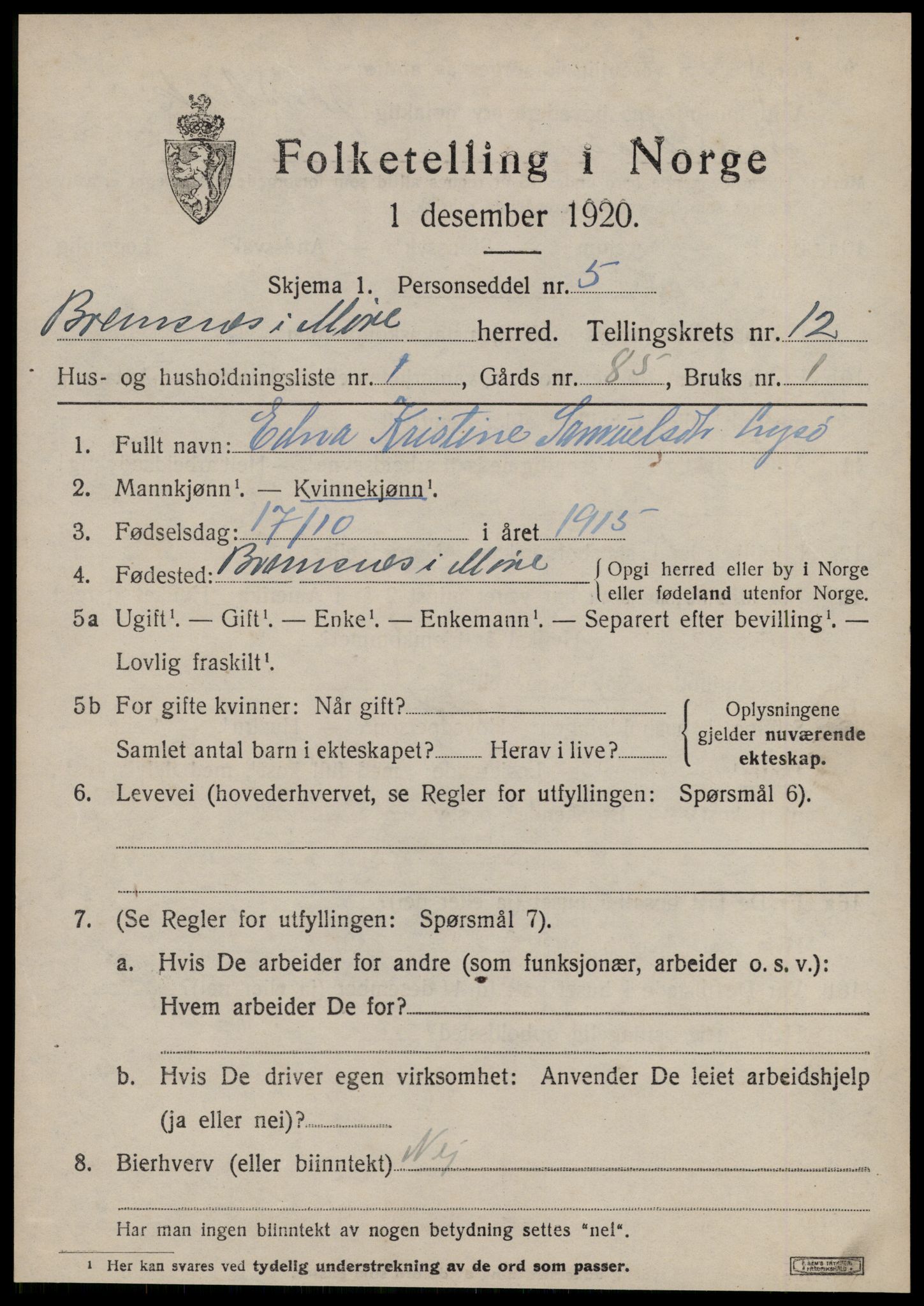 SAT, 1920 census for Bremsnes, 1920, p. 9635