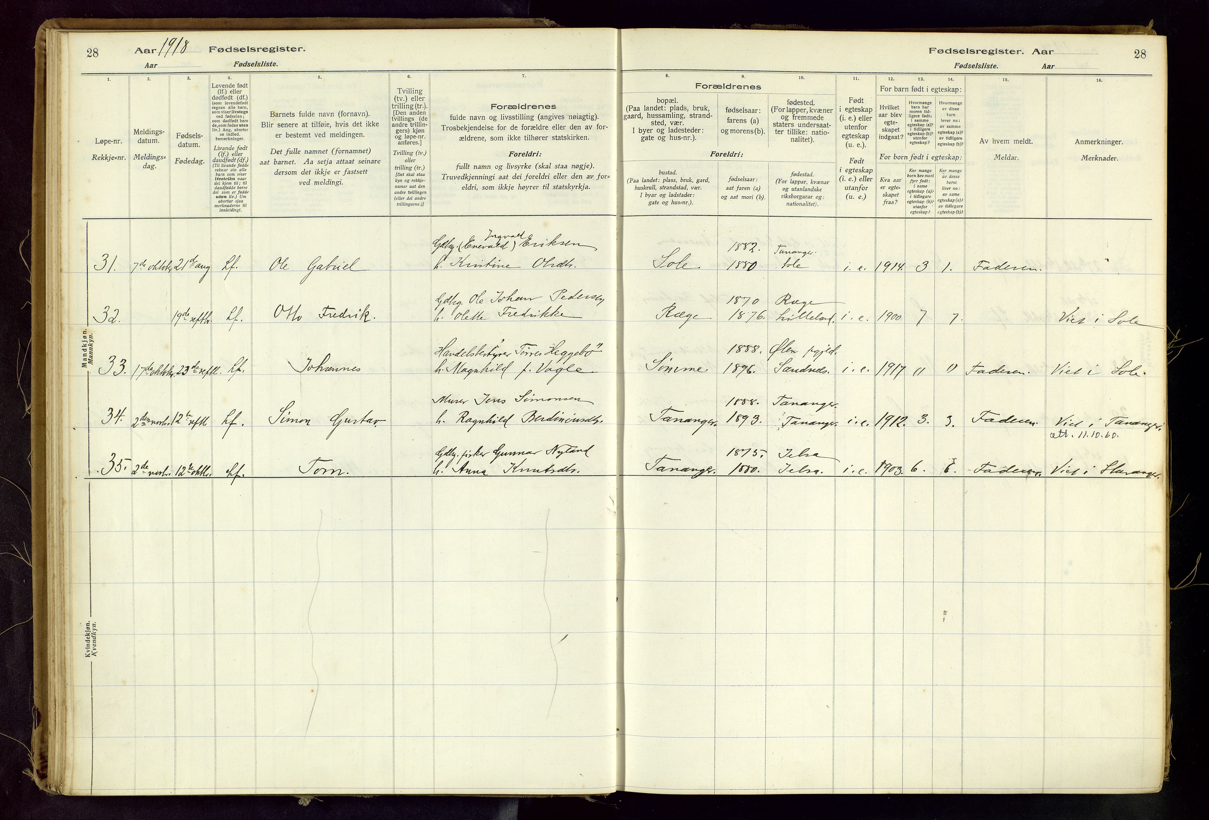 Håland sokneprestkontor, AV/SAST-A-101802/001/704BA/L0001: Birth register no. 1, 1916-1936, p. 28