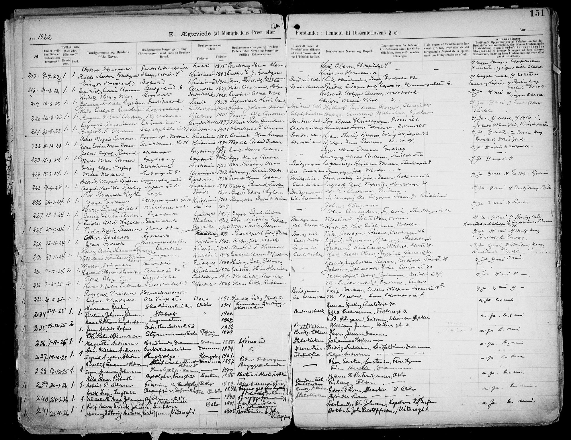 Første Metodistkirke Oslo -  menighetsprotokoller, SAO/PAO-0067/F/L0004: Dissenter register no. 4, 1892-1927, p. 151