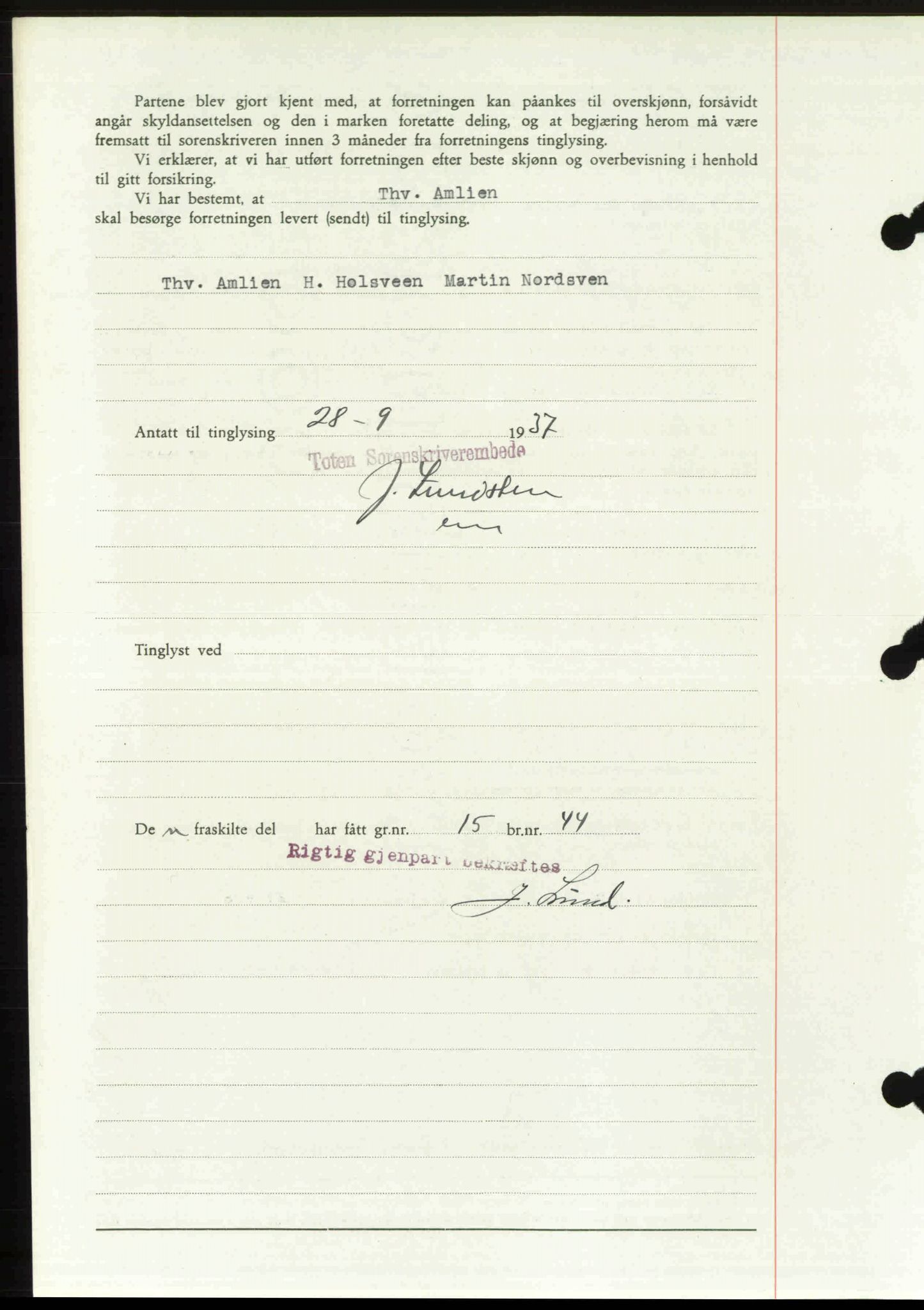 Toten tingrett, SAH/TING-006/H/Hb/Hbc/L0003: Mortgage book no. Hbc-03, 1937-1938, Diary no: : 2257/1937