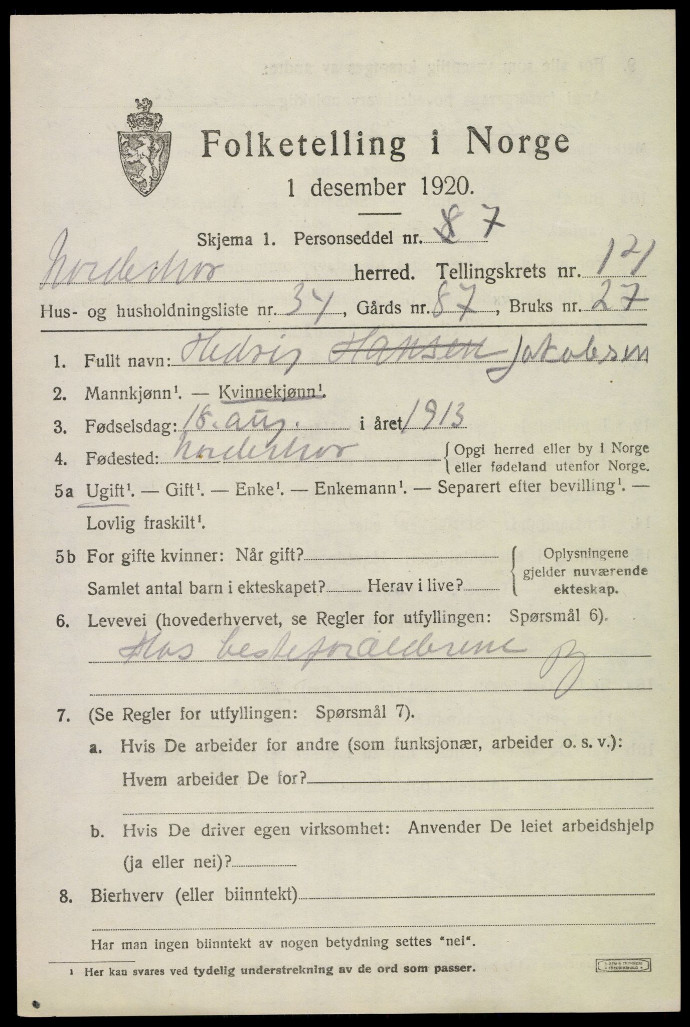 SAKO, 1920 census for Norderhov, 1920, p. 15222