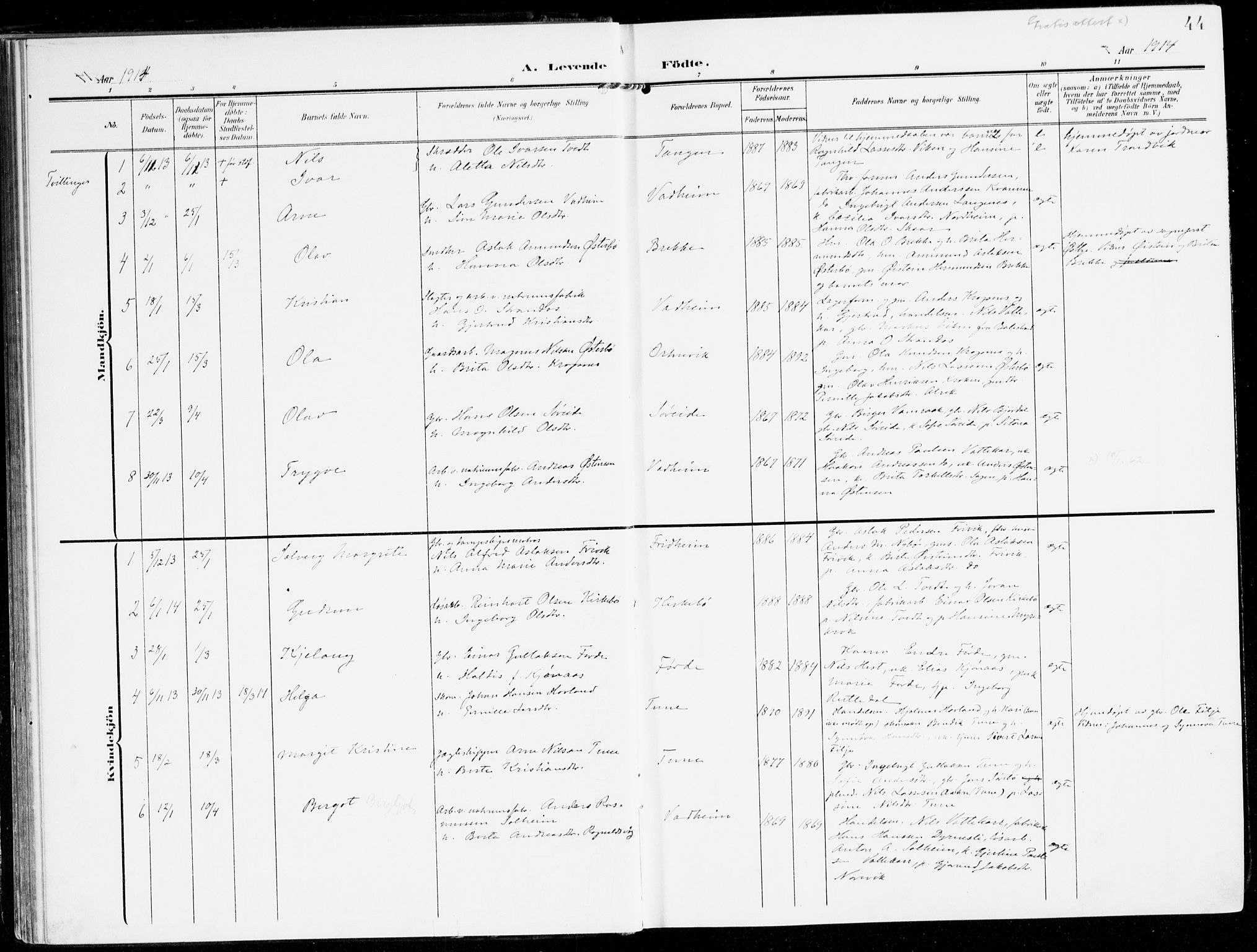 Lavik sokneprestembete, AV/SAB-A-80901: Parish register (official) no. C 2, 1904-1921, p. 44