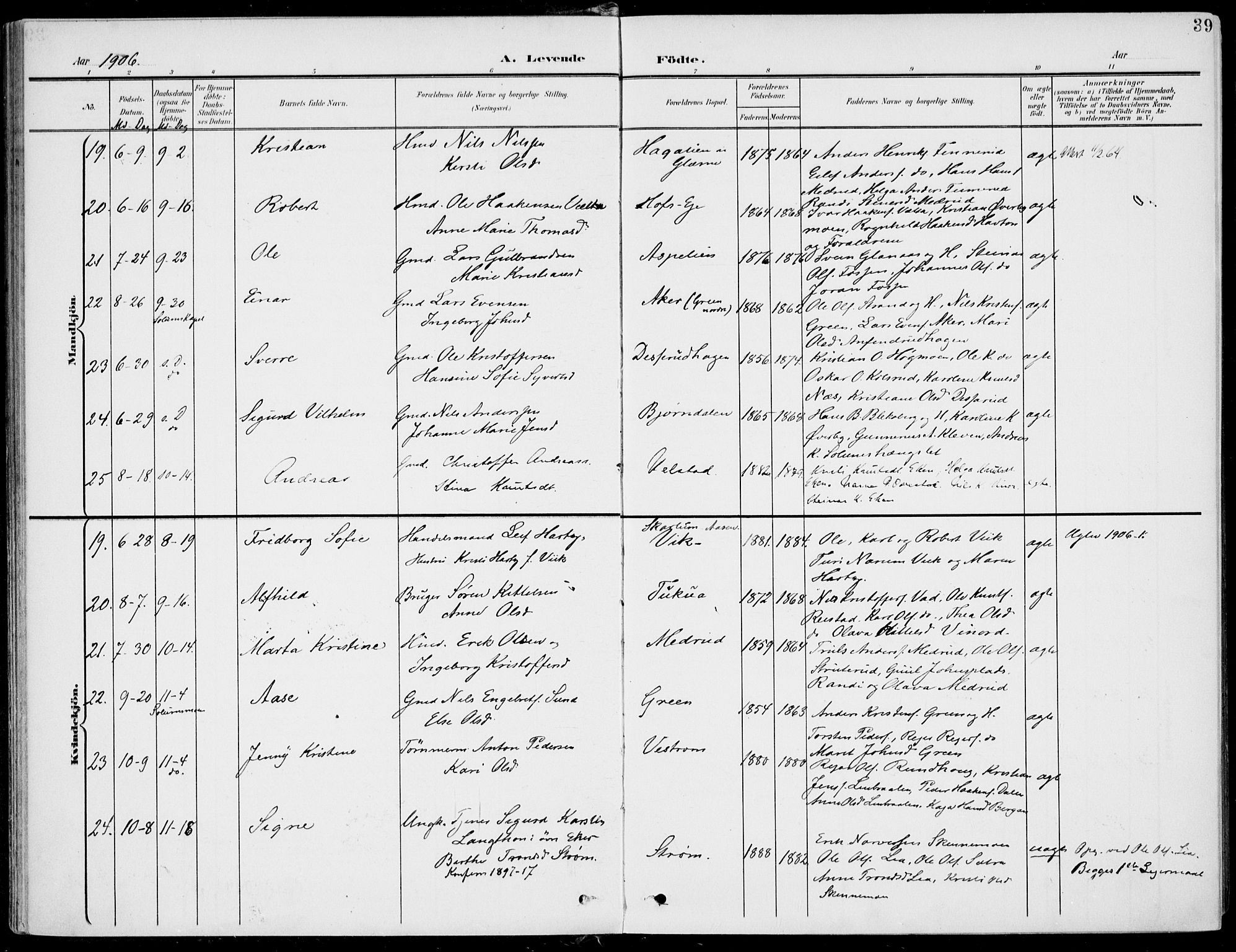 Sigdal kirkebøker, AV/SAKO-A-245/F/Fb/L0002: Parish register (official) no. II 2, 1901-1914, p. 39