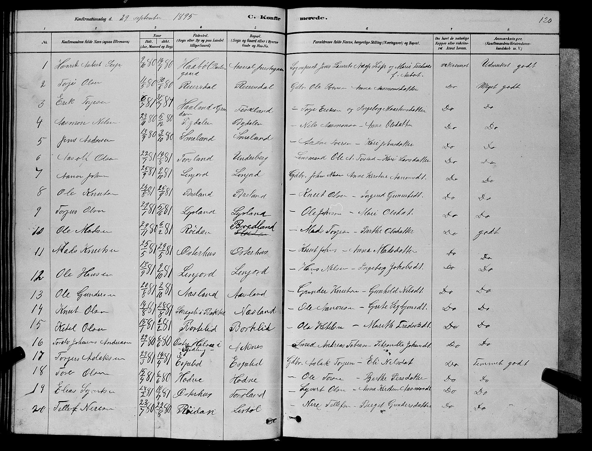 Åseral sokneprestkontor, AV/SAK-1111-0051/F/Fb/L0002: Parish register (copy) no. B 2, 1878-1899, p. 120