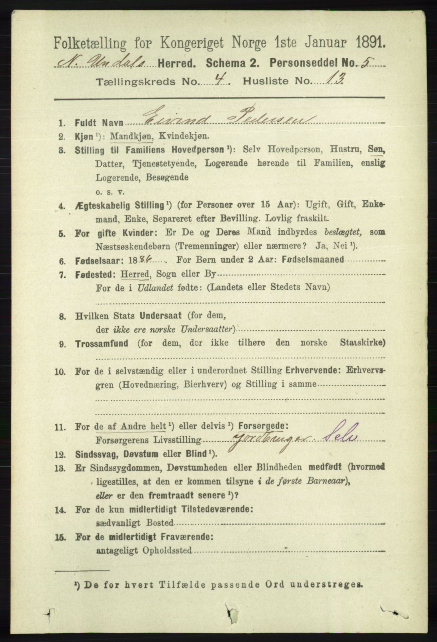 RA, 1891 census for 1028 Nord-Audnedal, 1891, p. 1168