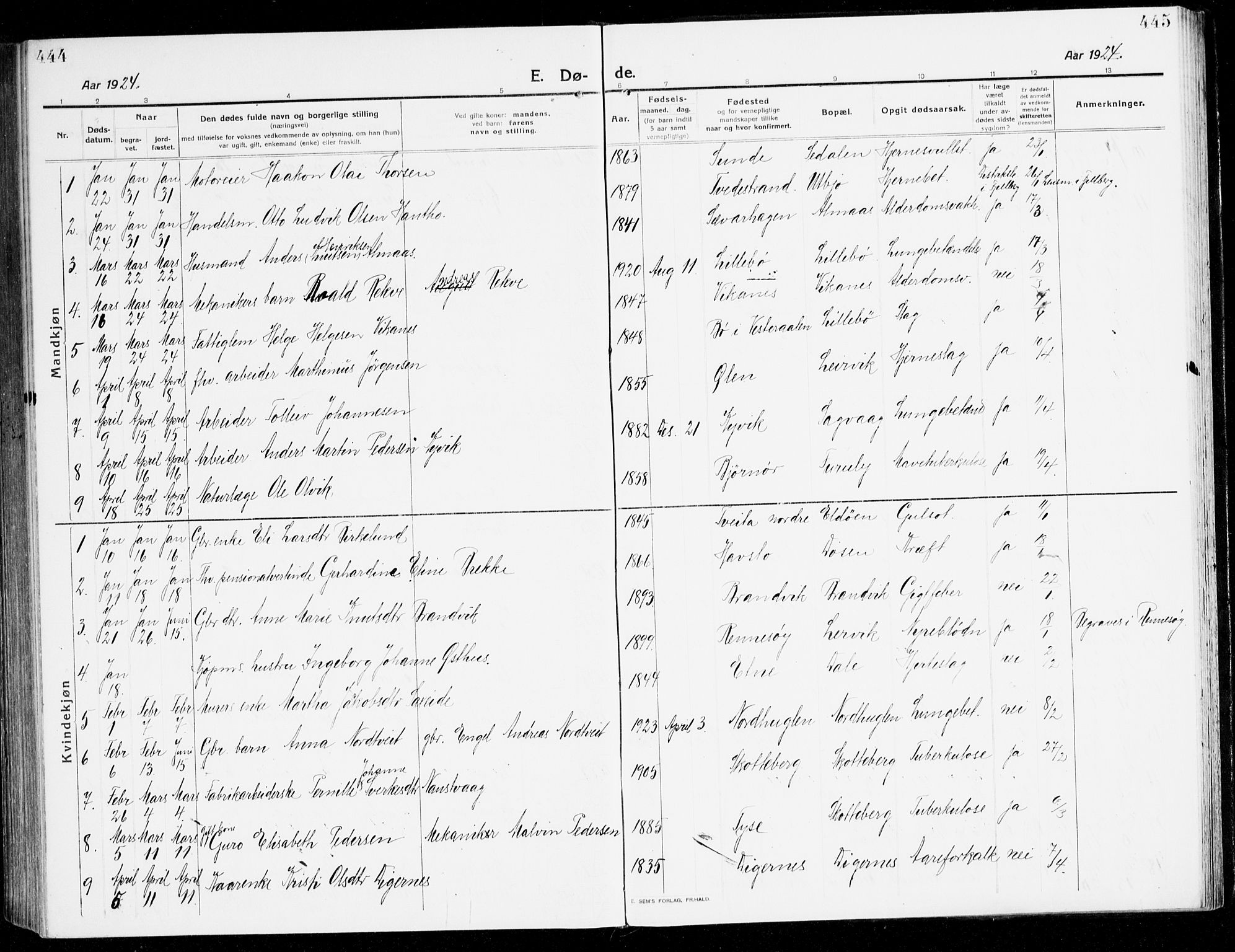 Stord sokneprestembete, SAB/A-78201/H/Haa: Parish register (official) no. B 3, 1913-1925, p. 444-445