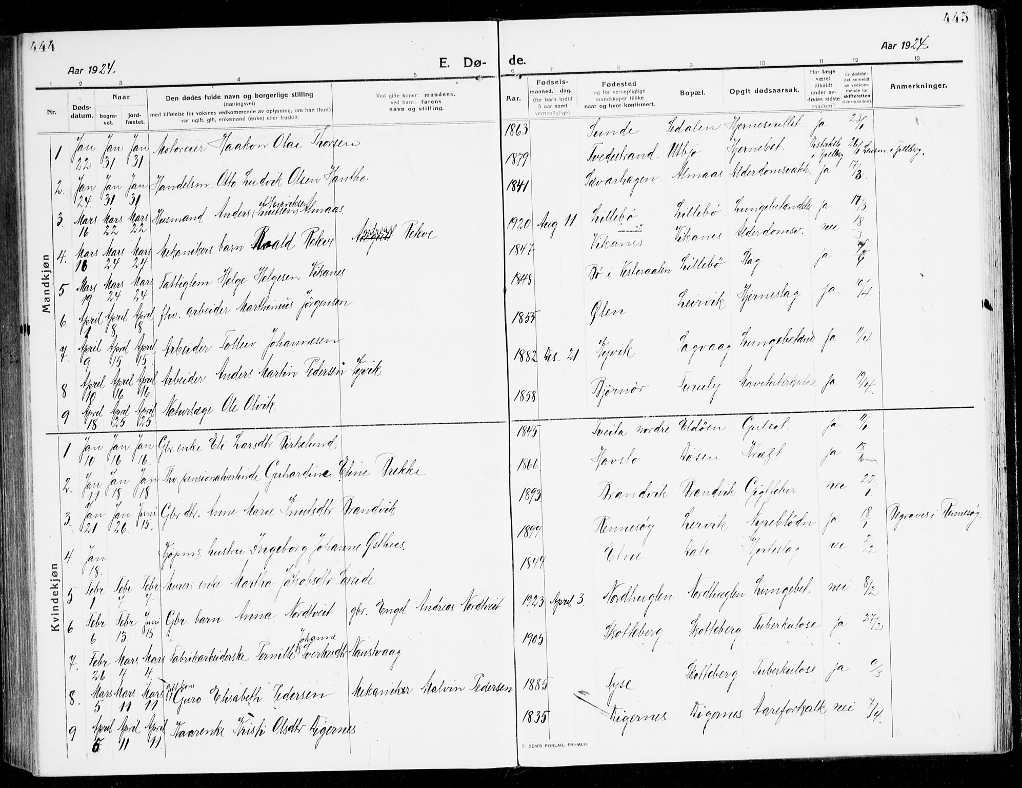 Stord sokneprestembete, AV/SAB-A-78201/H/Haa: Parish register (official) no. B 3, 1913-1925, p. 444-445