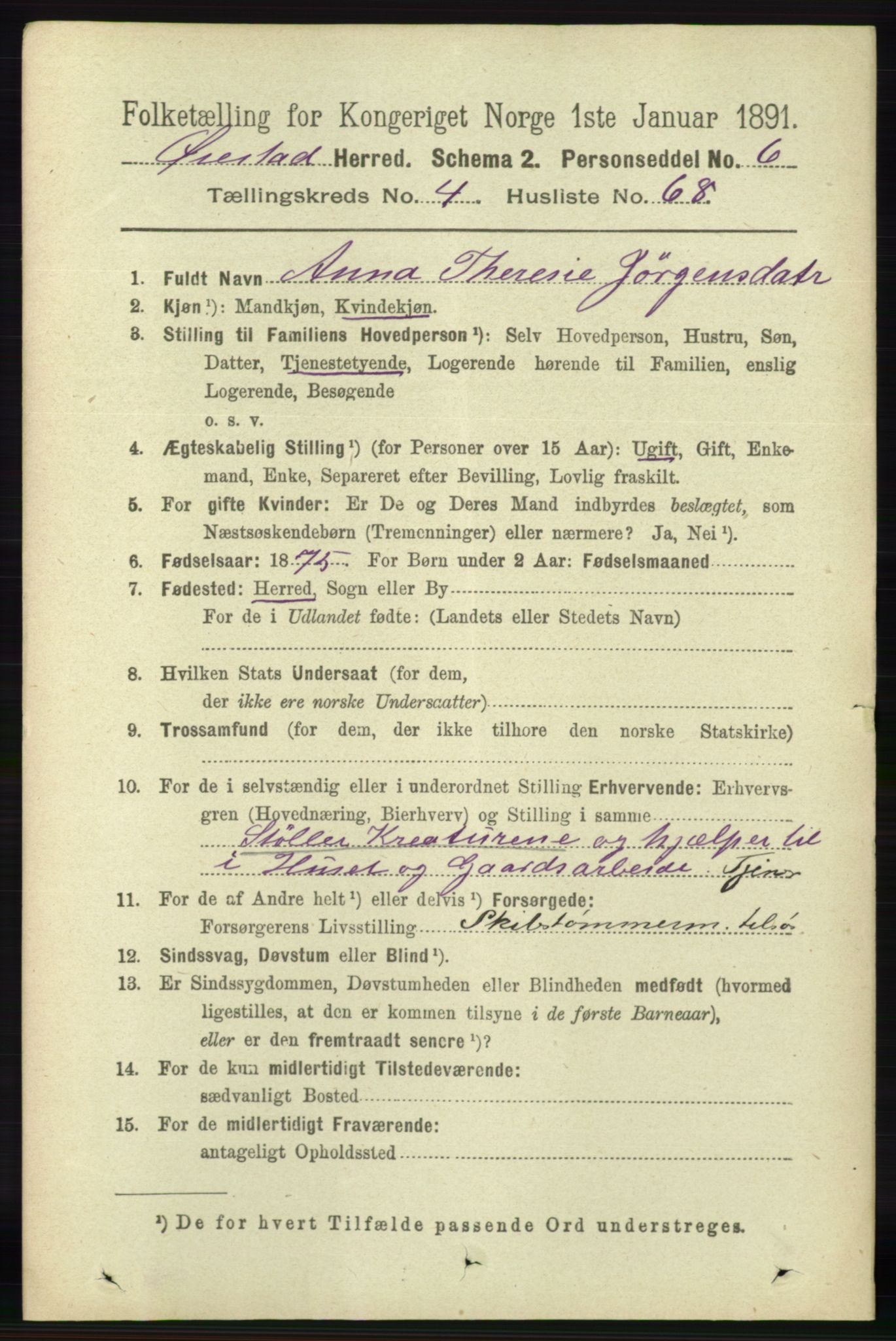 RA, 1891 census for 0920 Øyestad, 1891, p. 1751