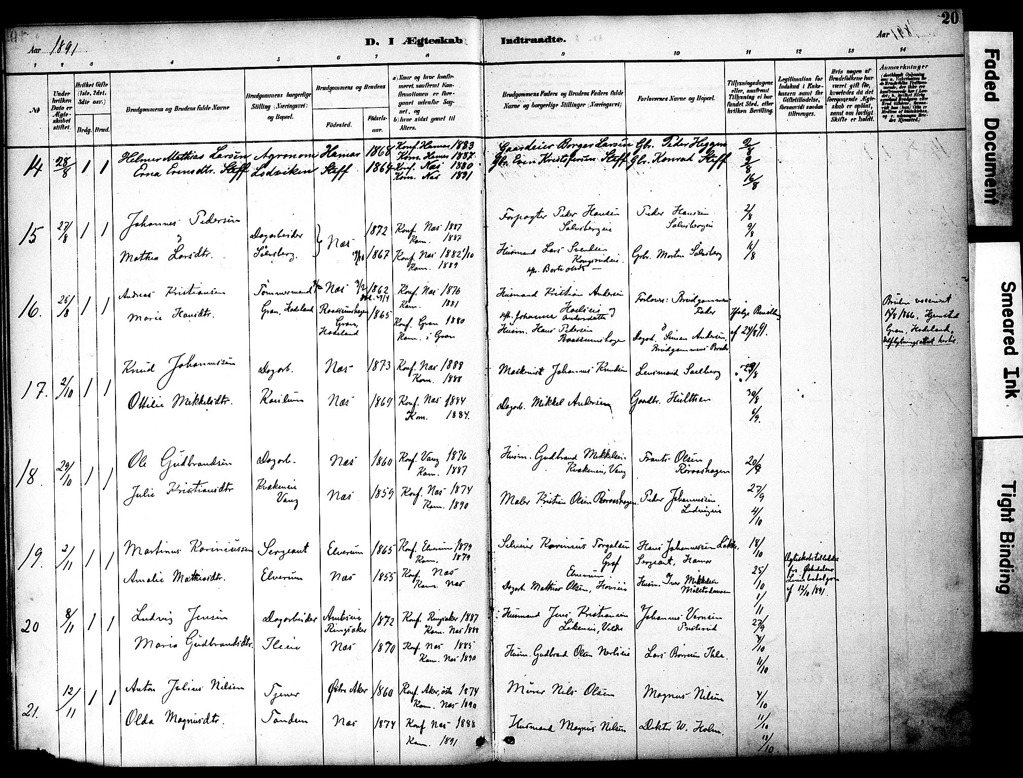 Nes prestekontor, Hedmark, AV/SAH-PREST-020/K/Ka/L0008: Parish register (official) no. 8, 1883-1905, p. 20