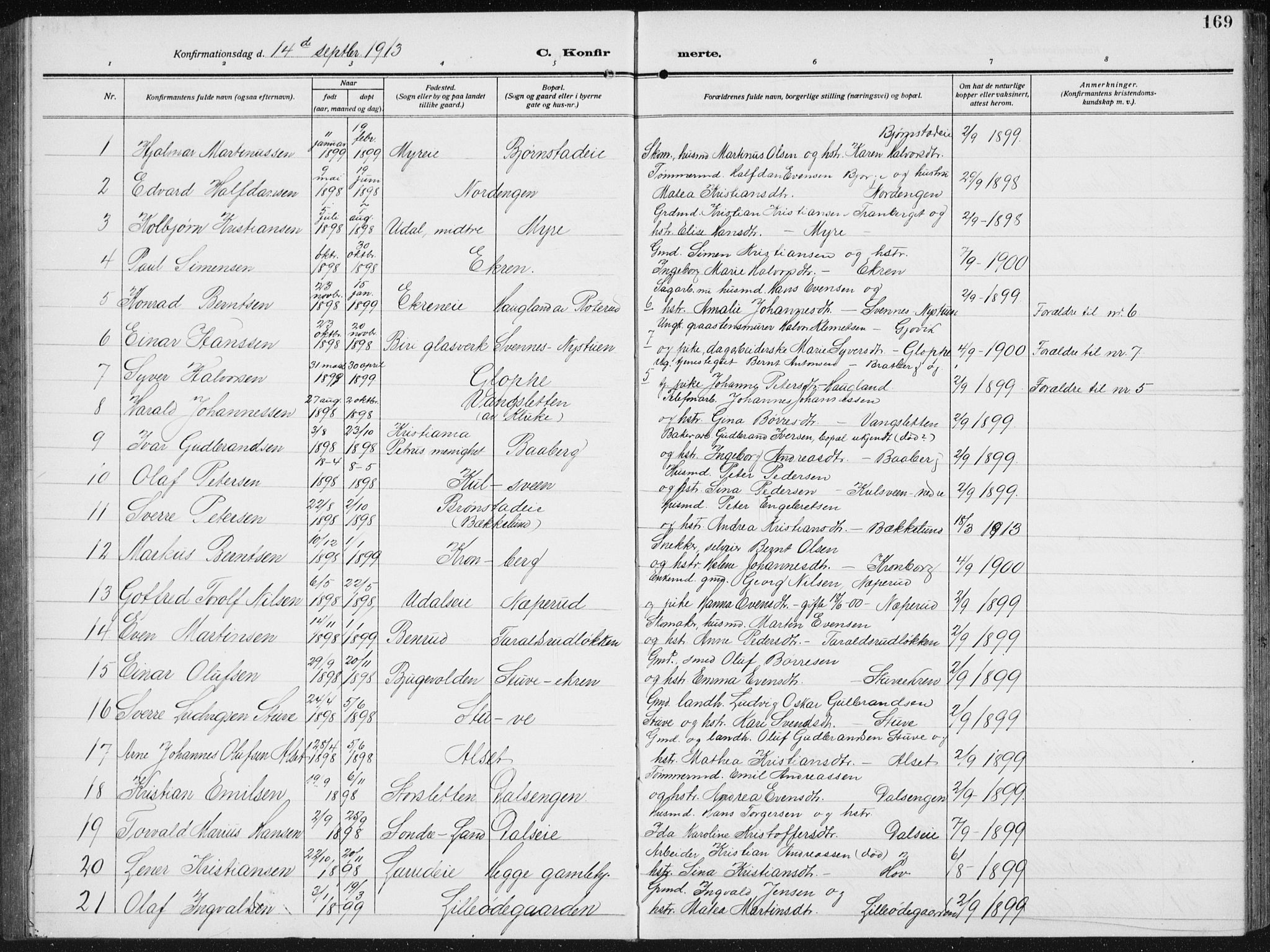 Biri prestekontor, SAH/PREST-096/H/Ha/Hab/L0006: Parish register (copy) no. 6, 1909-1938, p. 169