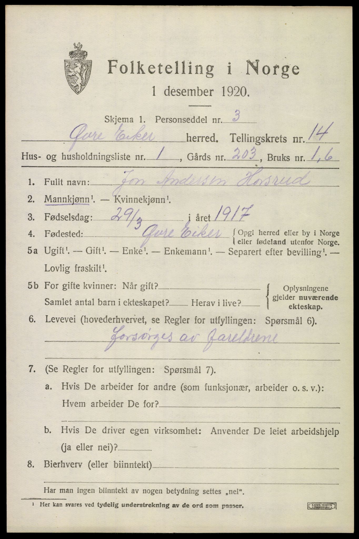 SAKO, 1920 census for Øvre Eiker, 1920, p. 20240