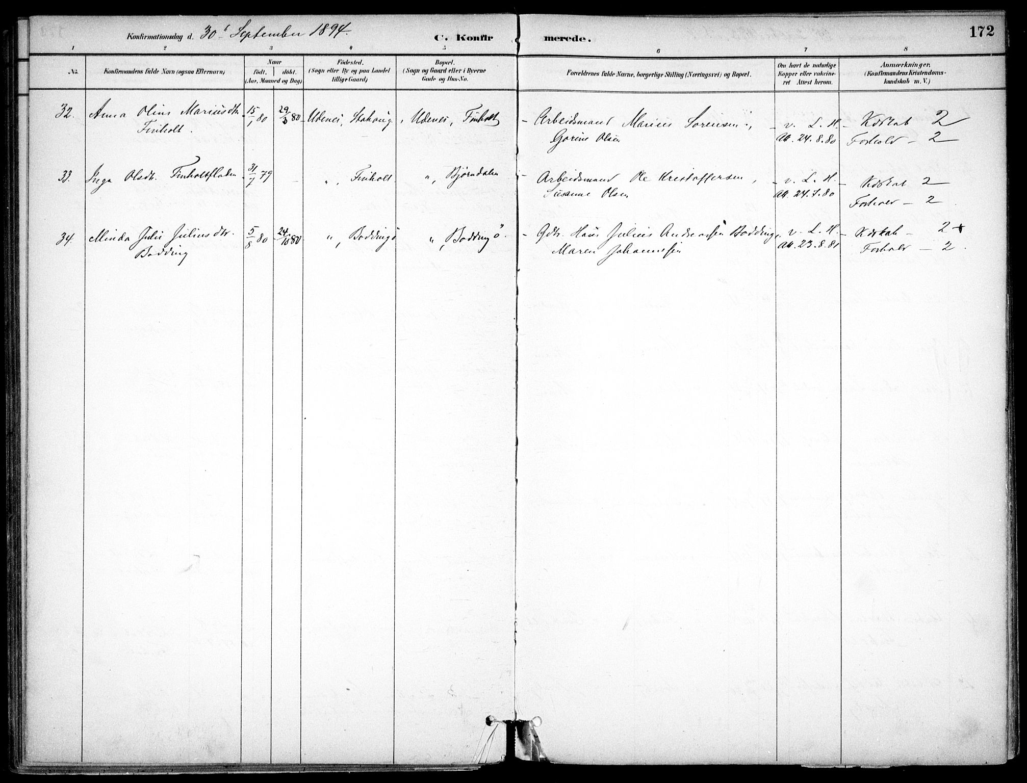 Nes prestekontor Kirkebøker, AV/SAO-A-10410/F/Fc/L0002: Parish register (official) no. IIi 2, 1882-1916, p. 172