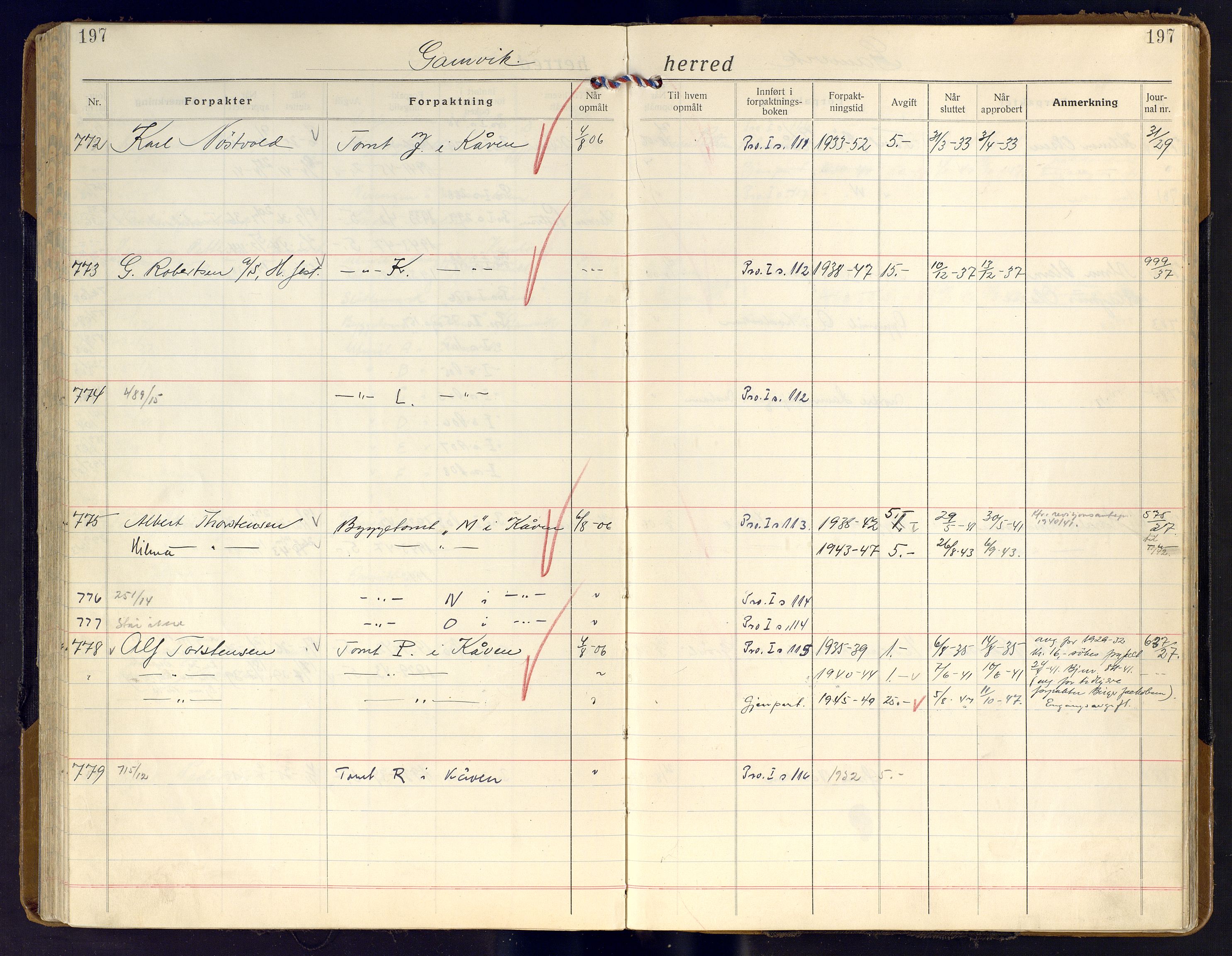 Finnmark jordsalgskommisjon/jordsalgskontor og Statskog SF Finnmark jordsalgskontor, AV/SATØ-S-1443/J/Ja/L0011: Forpaktningsbok for Finnmark II, 1921-1948, p. 197