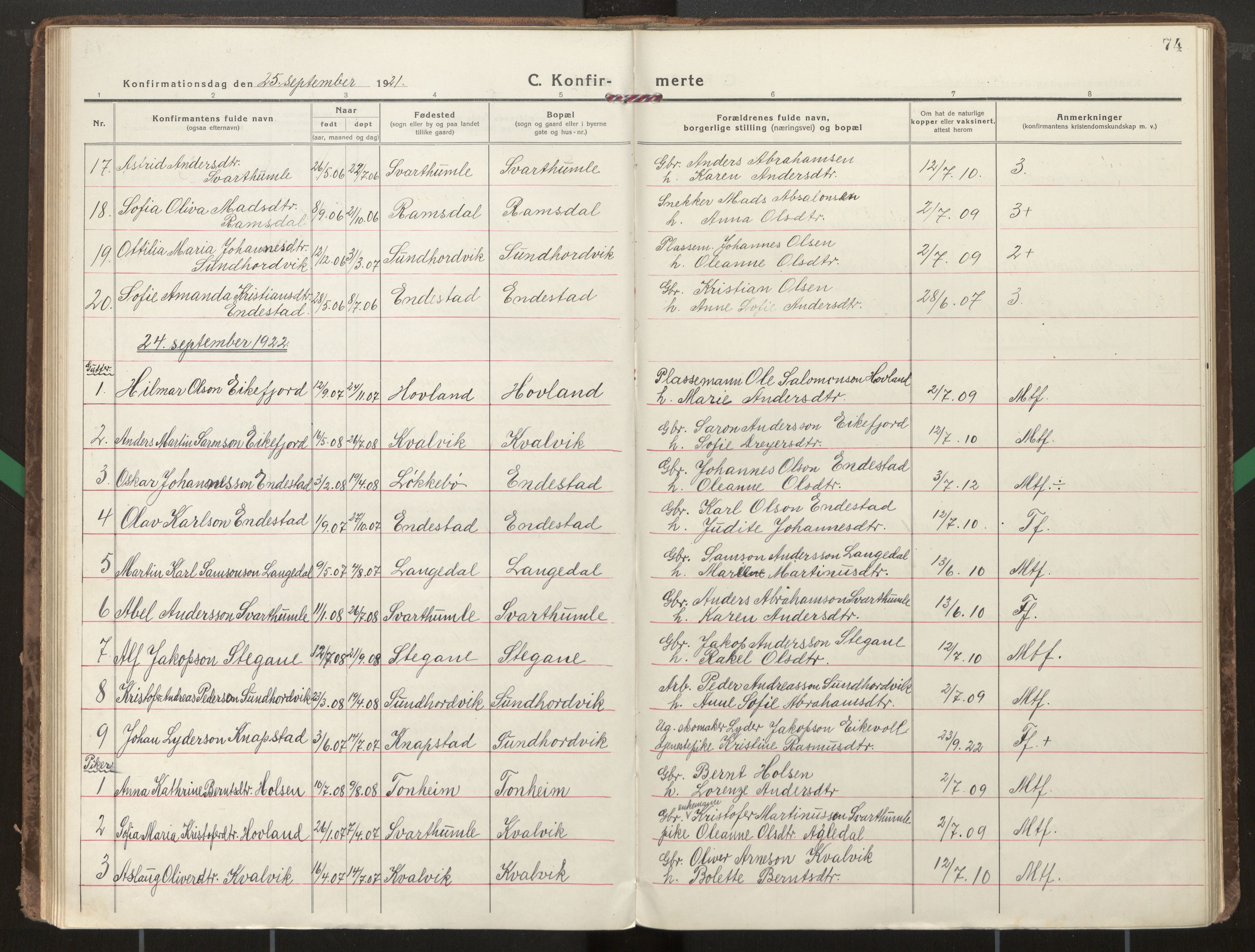 Kinn sokneprestembete, SAB/A-80801/H/Haa/Haae/L0002: Parish register (official) no. E 2, 1917-1937, p. 74