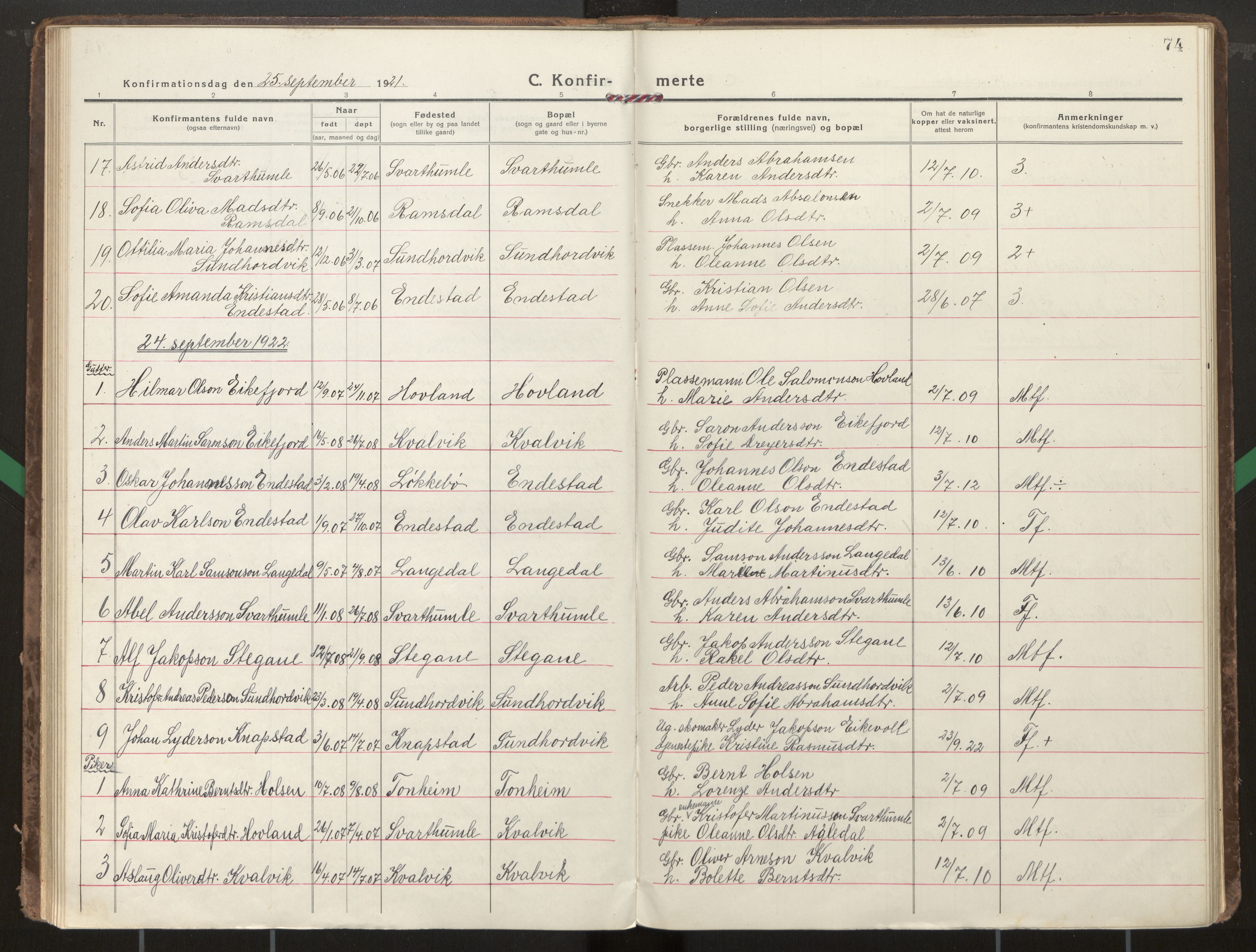 Kinn sokneprestembete, AV/SAB-A-80801/H/Haa/Haae/L0002: Parish register (official) no. E 2, 1917-1937, p. 74