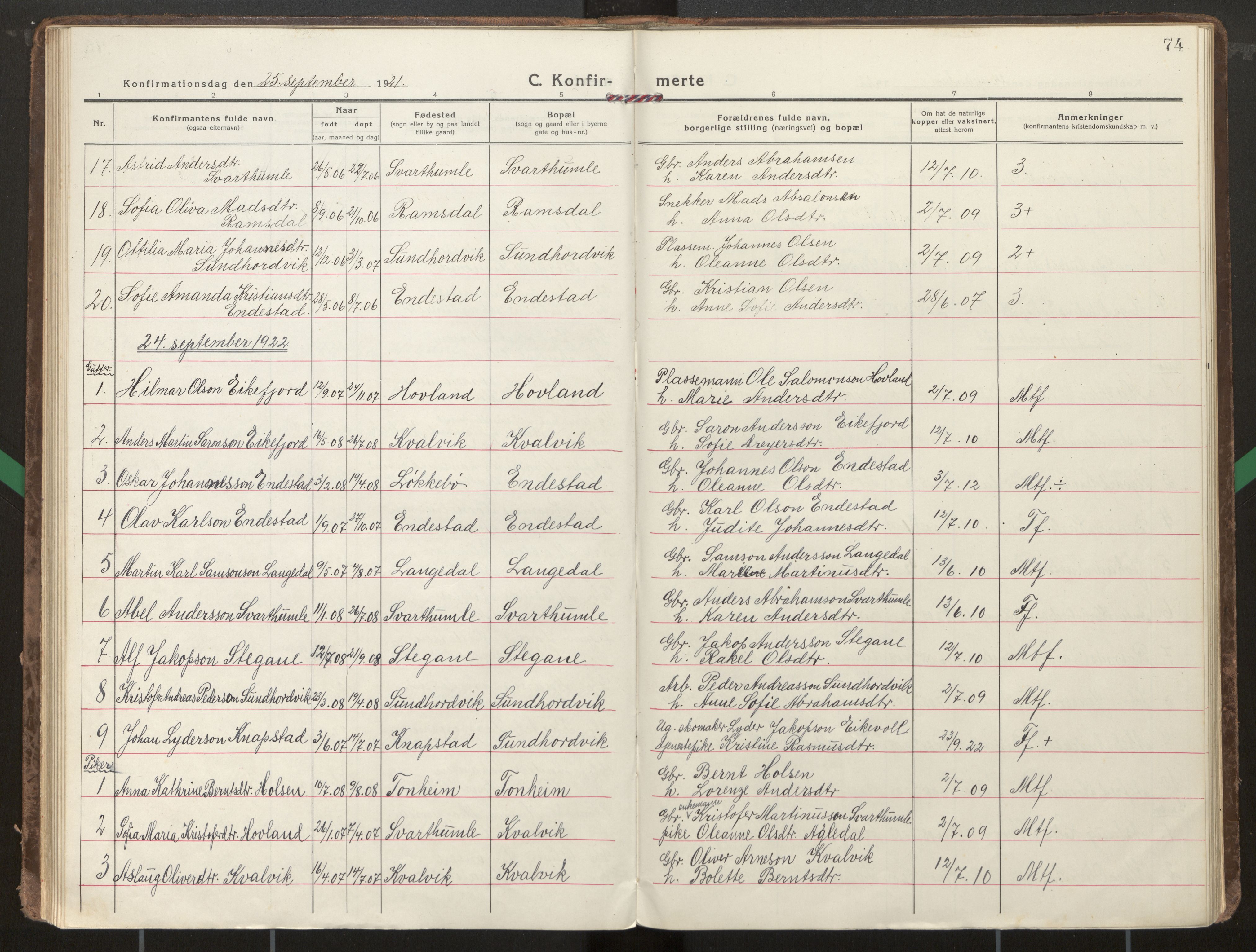 Kinn sokneprestembete, AV/SAB-A-80801/H/Haa/Haae/L0002: Parish register (official) no. E 2, 1917-1937, p. 74