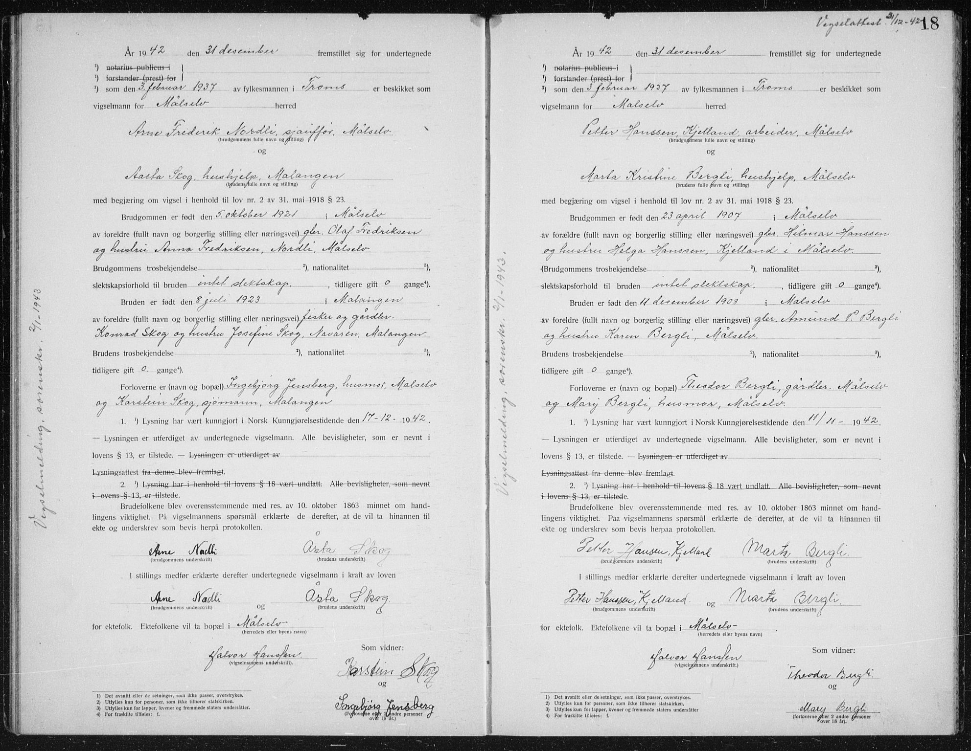 Målselv sokneprestembete, AV/SATØ-S-1311/I/Ie/L0046: Marriage register (dissenter) no. 46, 1919-1942, p. 18