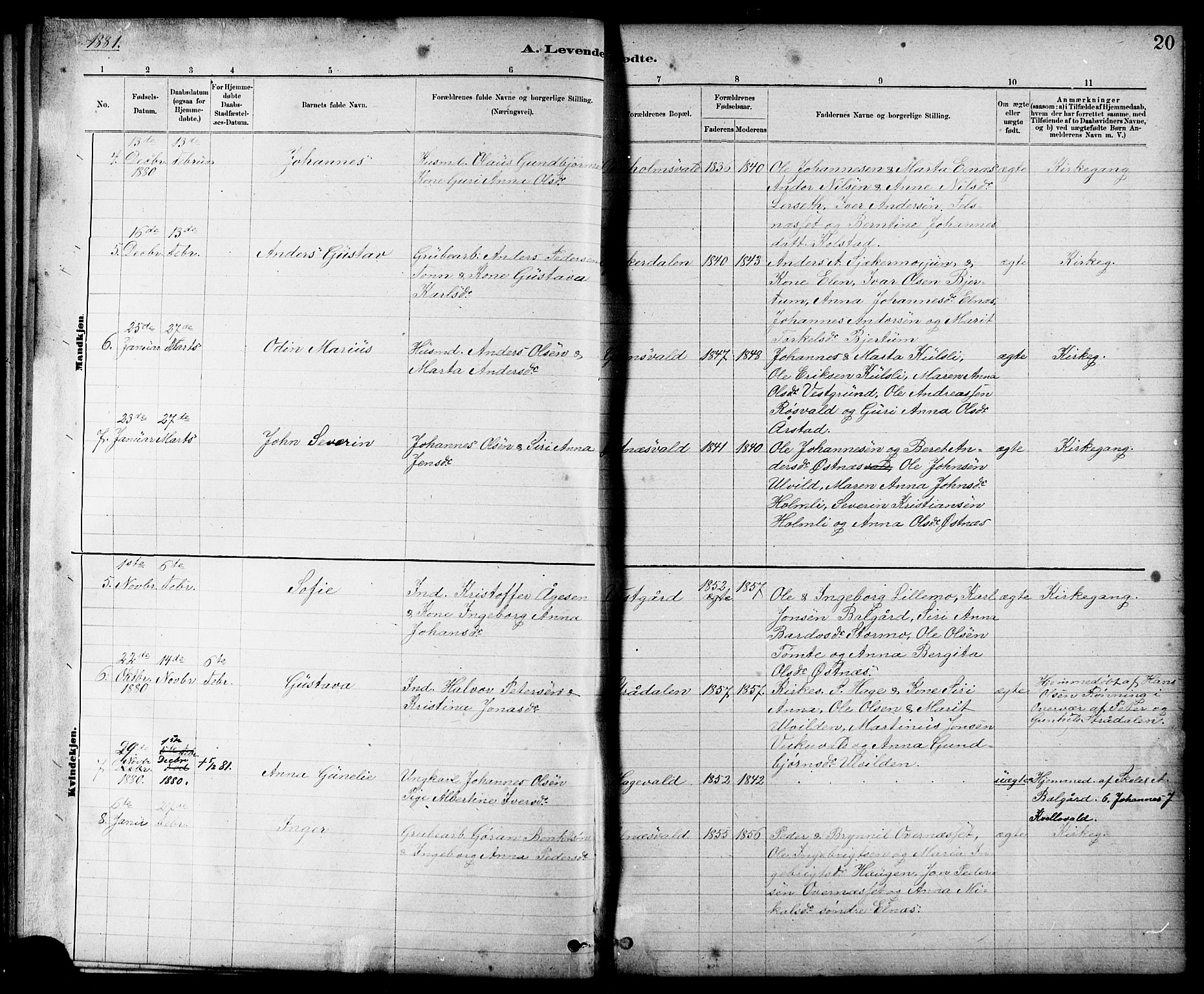 Ministerialprotokoller, klokkerbøker og fødselsregistre - Nord-Trøndelag, AV/SAT-A-1458/724/L0267: Parish register (copy) no. 724C03, 1879-1898, p. 20