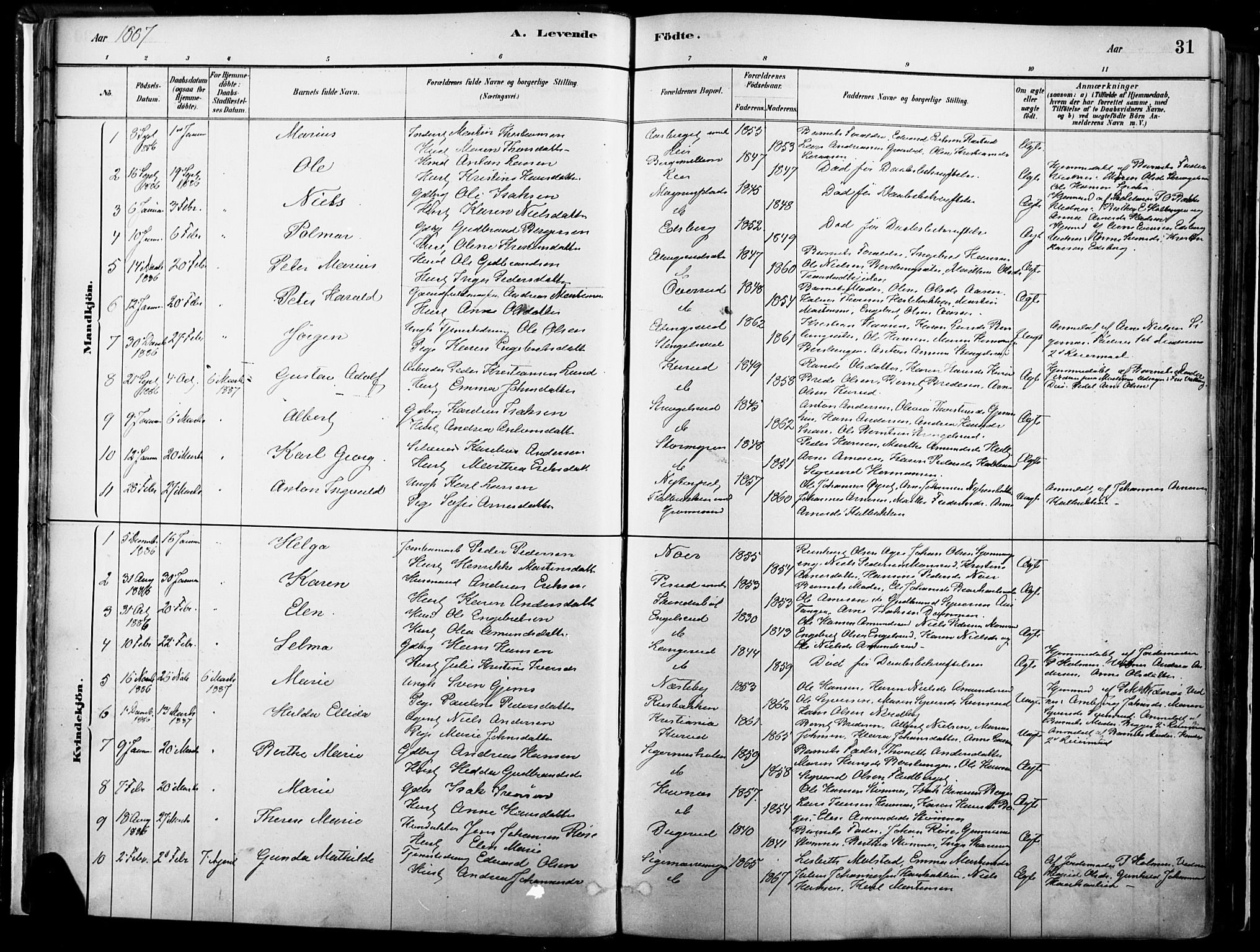 Vinger prestekontor, SAH/PREST-024/H/Ha/Haa/L0014: Parish register (official) no. 14, 1881-1900, p. 31
