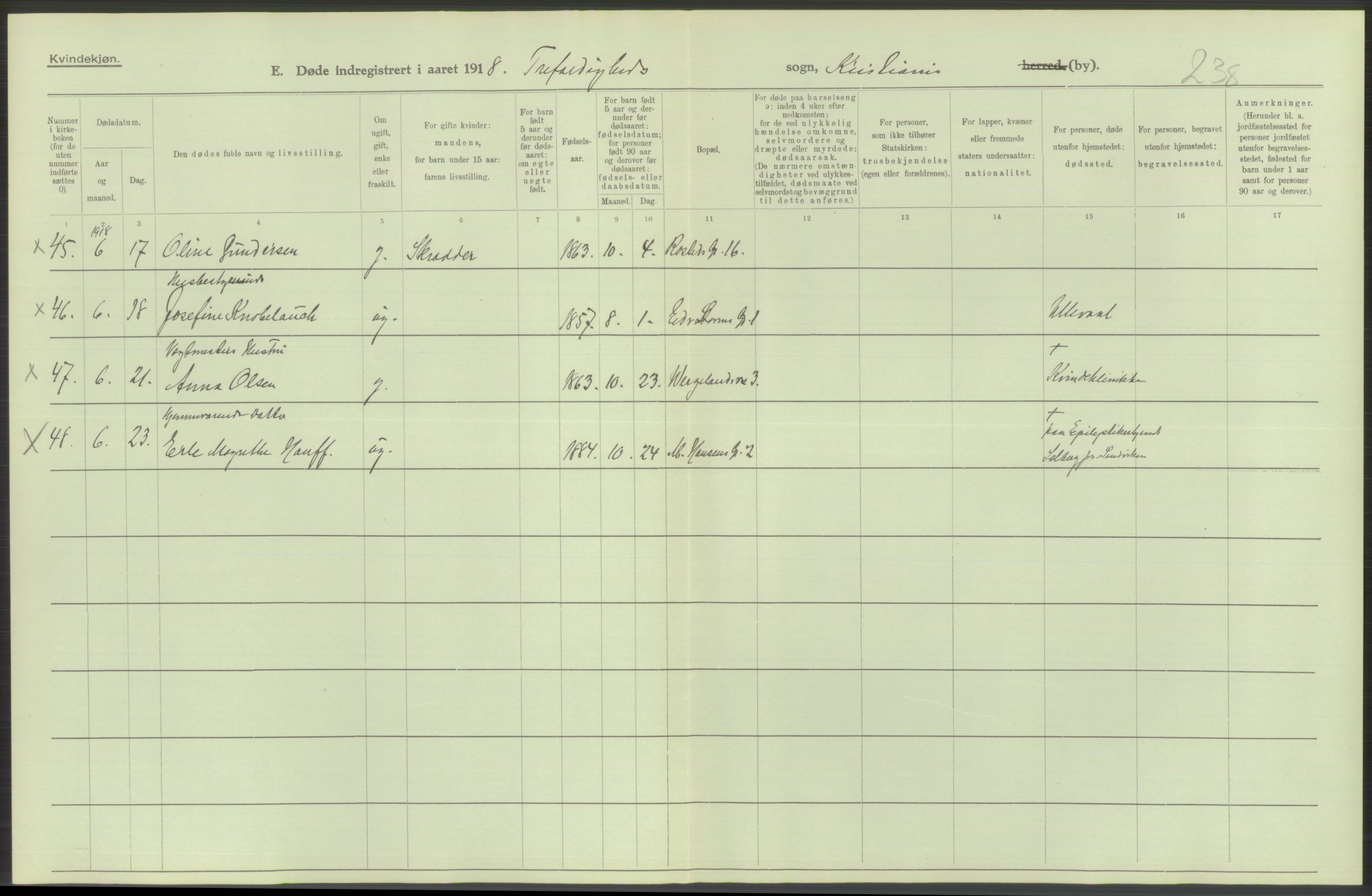 Statistisk sentralbyrå, Sosiodemografiske emner, Befolkning, AV/RA-S-2228/D/Df/Dfb/Dfbh/L0010: Kristiania: Døde, 1918, p. 56