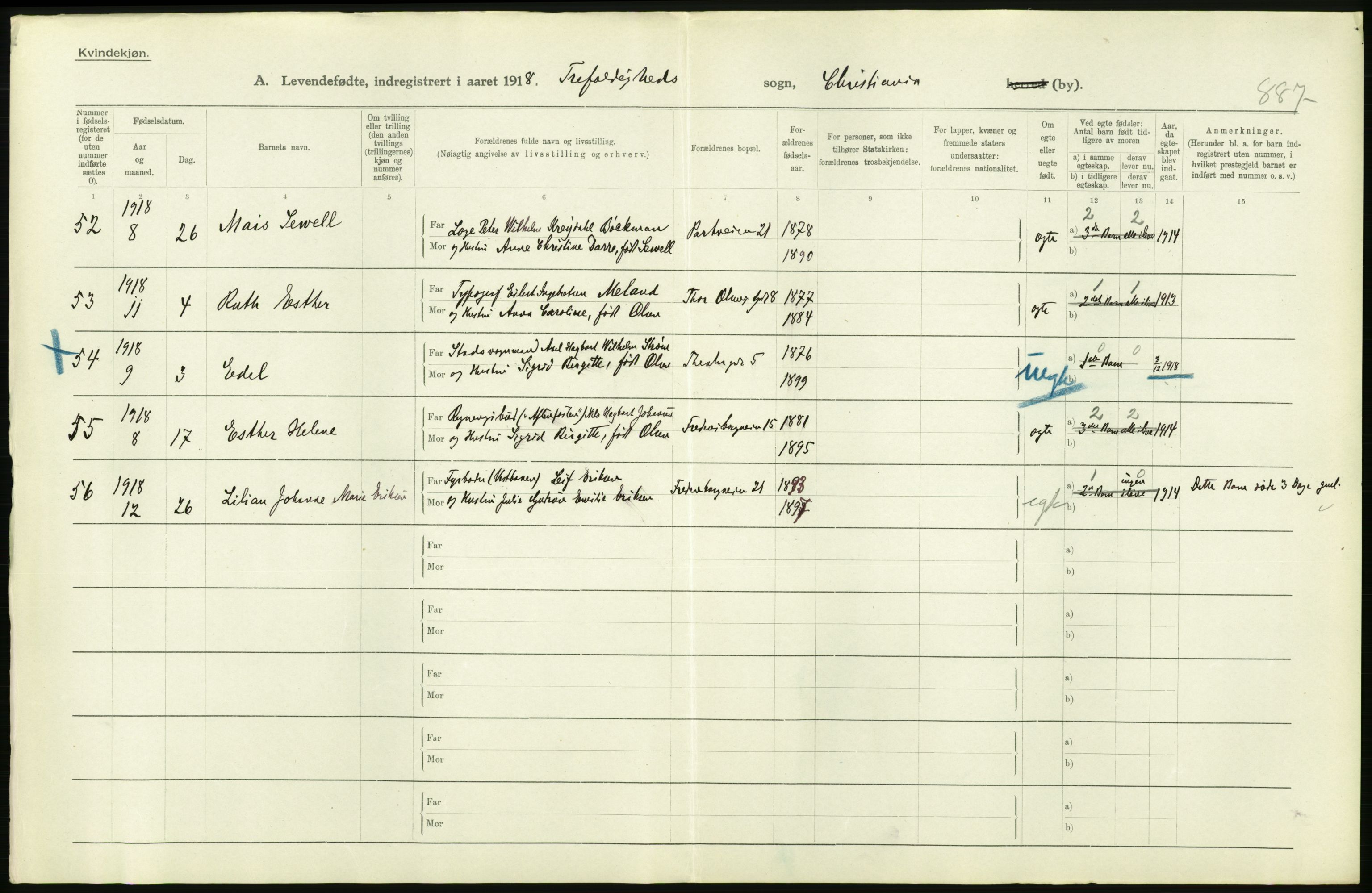 Statistisk sentralbyrå, Sosiodemografiske emner, Befolkning, AV/RA-S-2228/D/Df/Dfb/Dfbh/L0008: Kristiania: Levendefødte menn og kvinner., 1918, p. 300