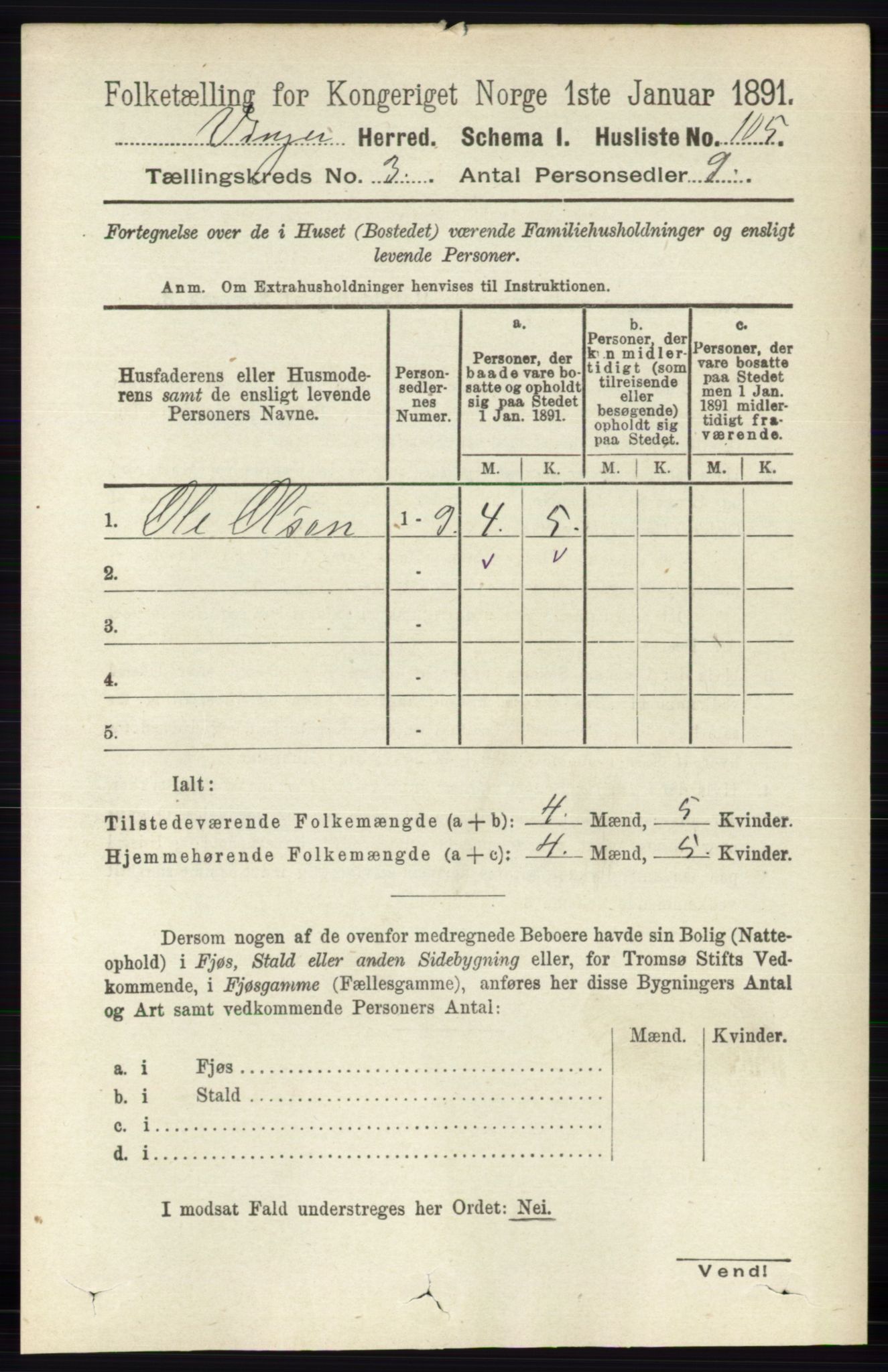 RA, 1891 census for 0421 Vinger, 1891, p. 883