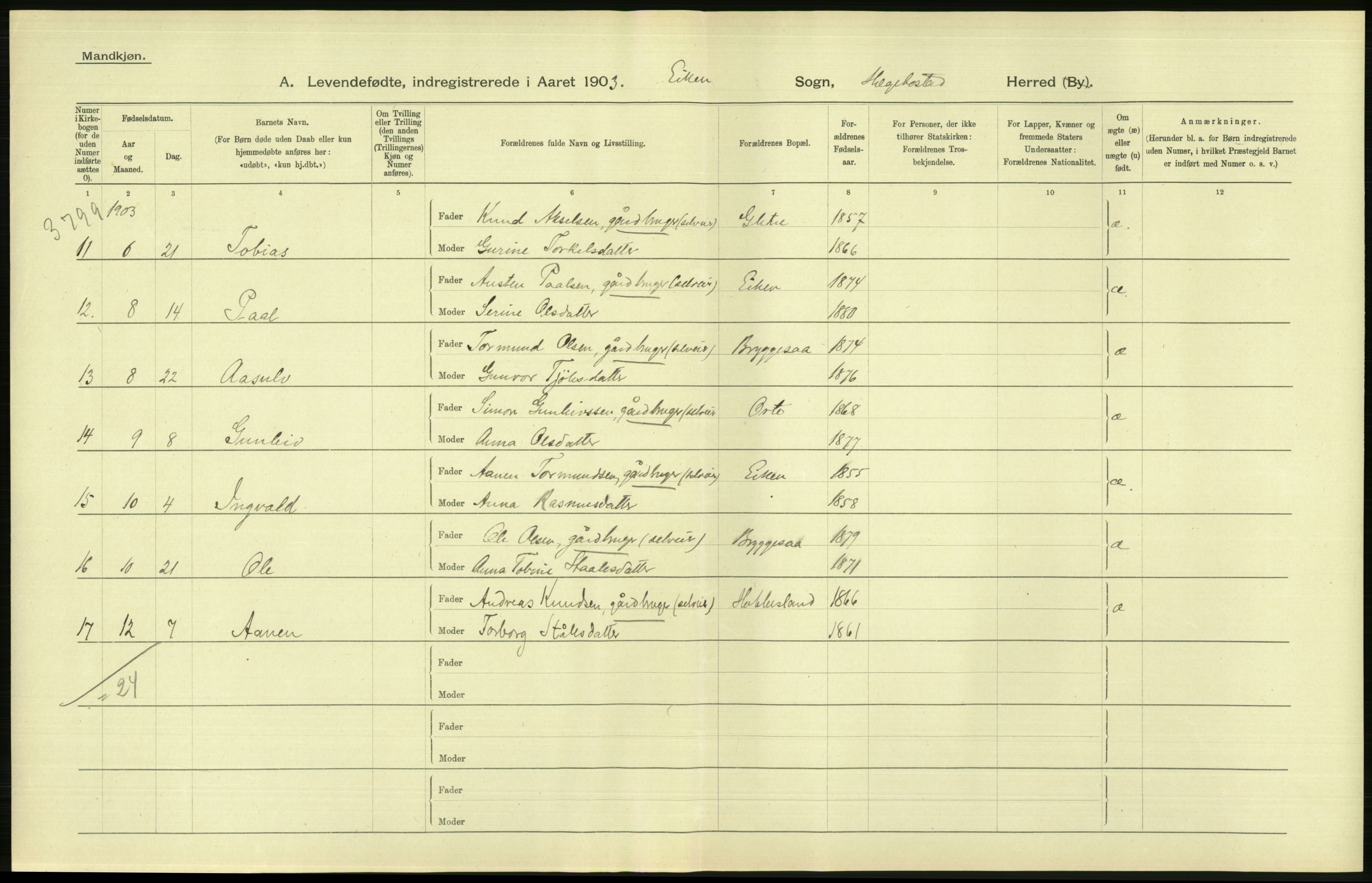 Statistisk sentralbyrå, Sosiodemografiske emner, Befolkning, AV/RA-S-2228/D/Df/Dfa/Dfaa/L0011: Lister og Mandal amt: Fødte, gifte, døde, 1903, p. 54