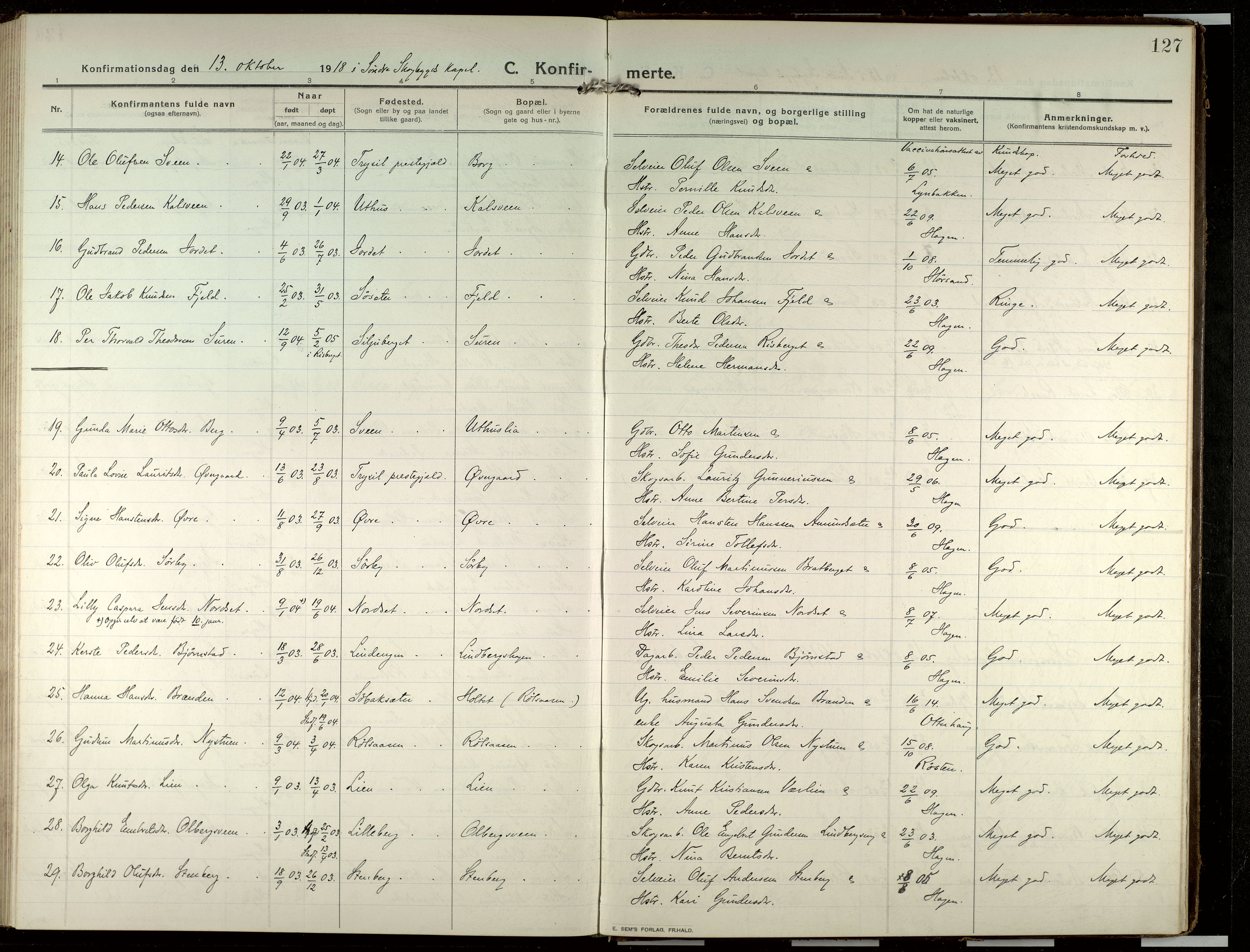 Elverum prestekontor, AV/SAH-PREST-044/H/Ha/Haa/L0022: Parish register (official) no. 22, 1913-1924, p. 127