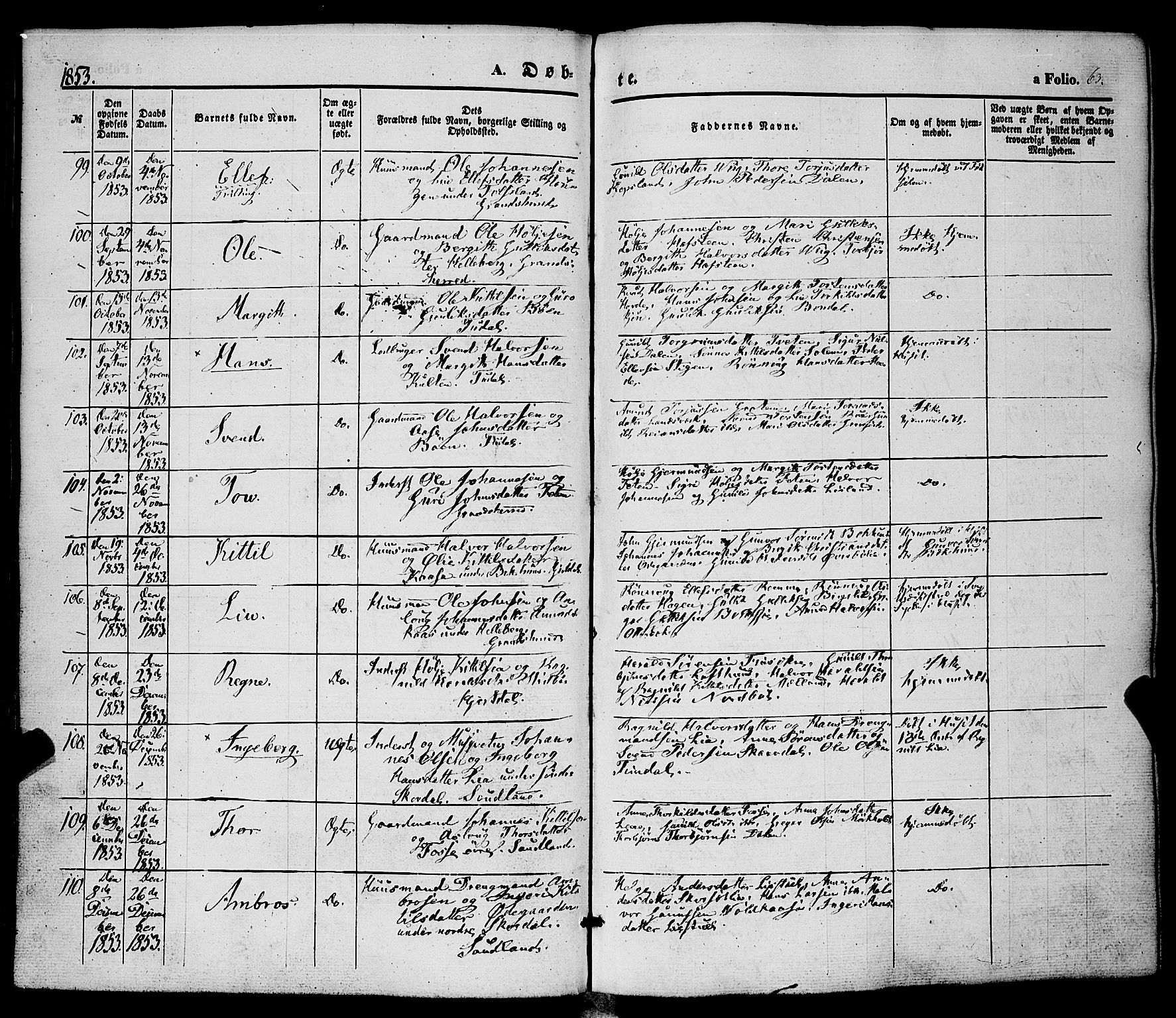 Hjartdal kirkebøker, SAKO/A-270/F/Fa/L0008: Parish register (official) no. I 8, 1844-1859, p. 63