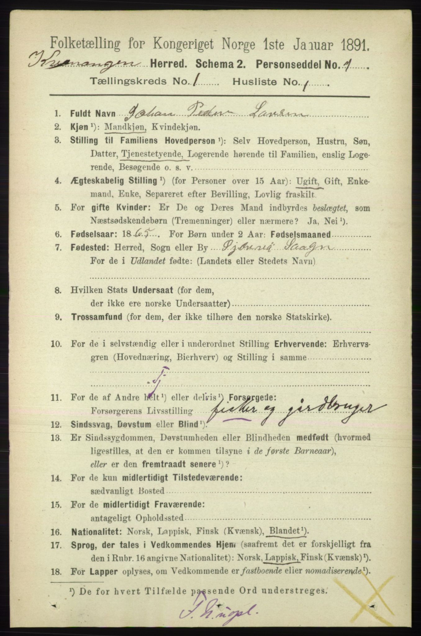 RA, 1891 census for 1943 Kvænangen, 1891, p. 61